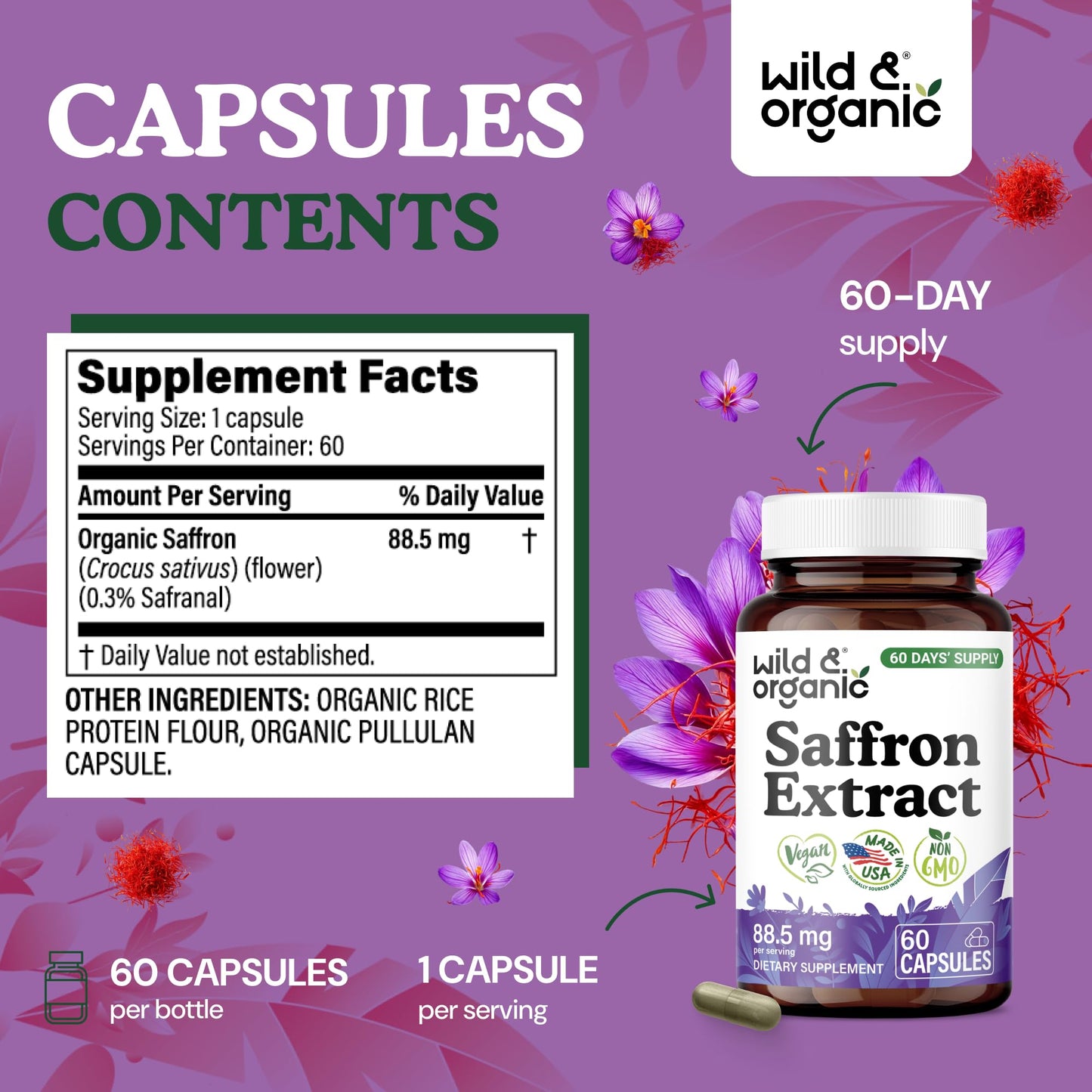 Wild & Organic Saffron 88.5 mg Capsules, 60 Count
