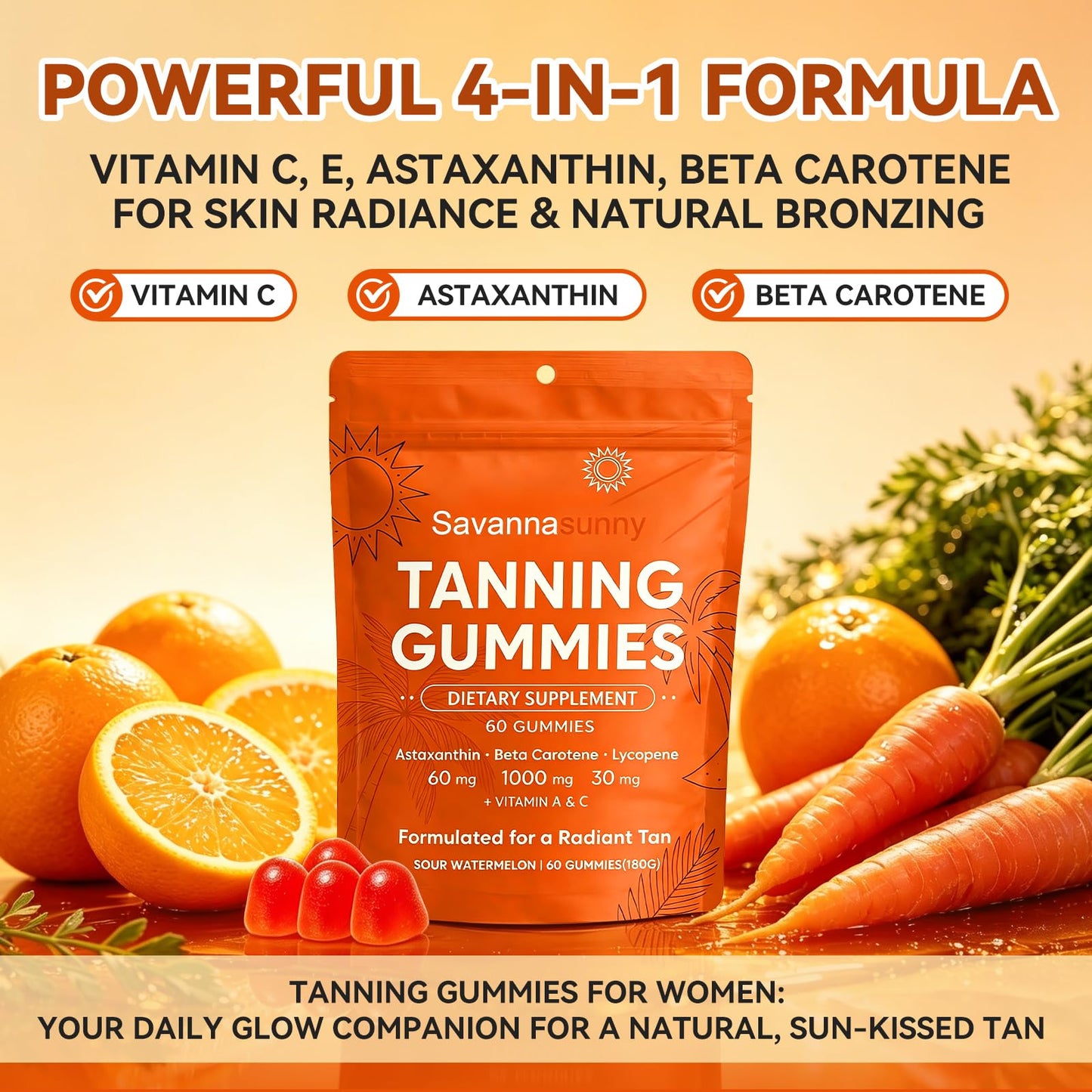 VITAL POWER Tanning Gummies for Women Beta-Carotene Astaxanthin Vitamin C&E Vegan Powder 6.34 Ounce