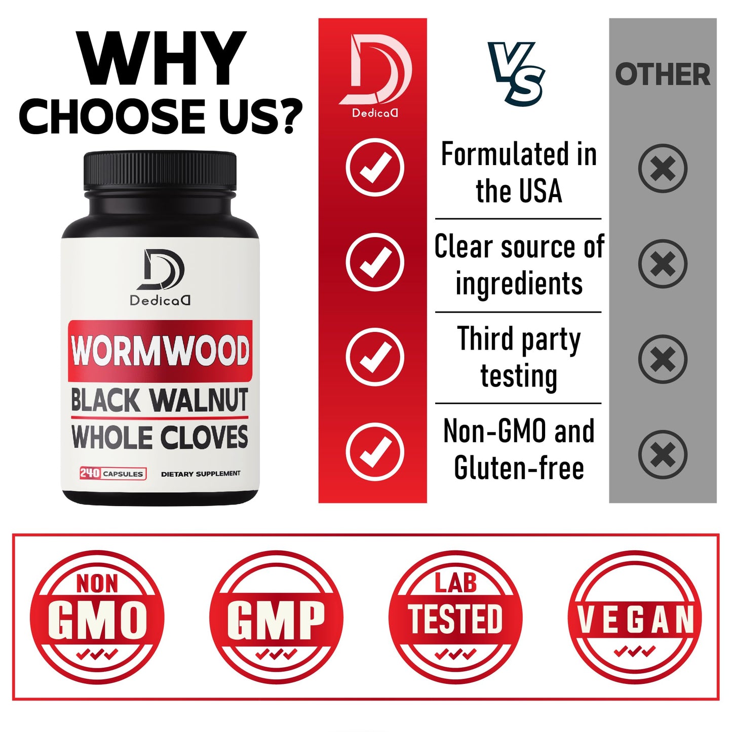 DEDICAD Sweet Wormwood Capsules 1500mg with Black Walnut & Cloves, 240 Capsules