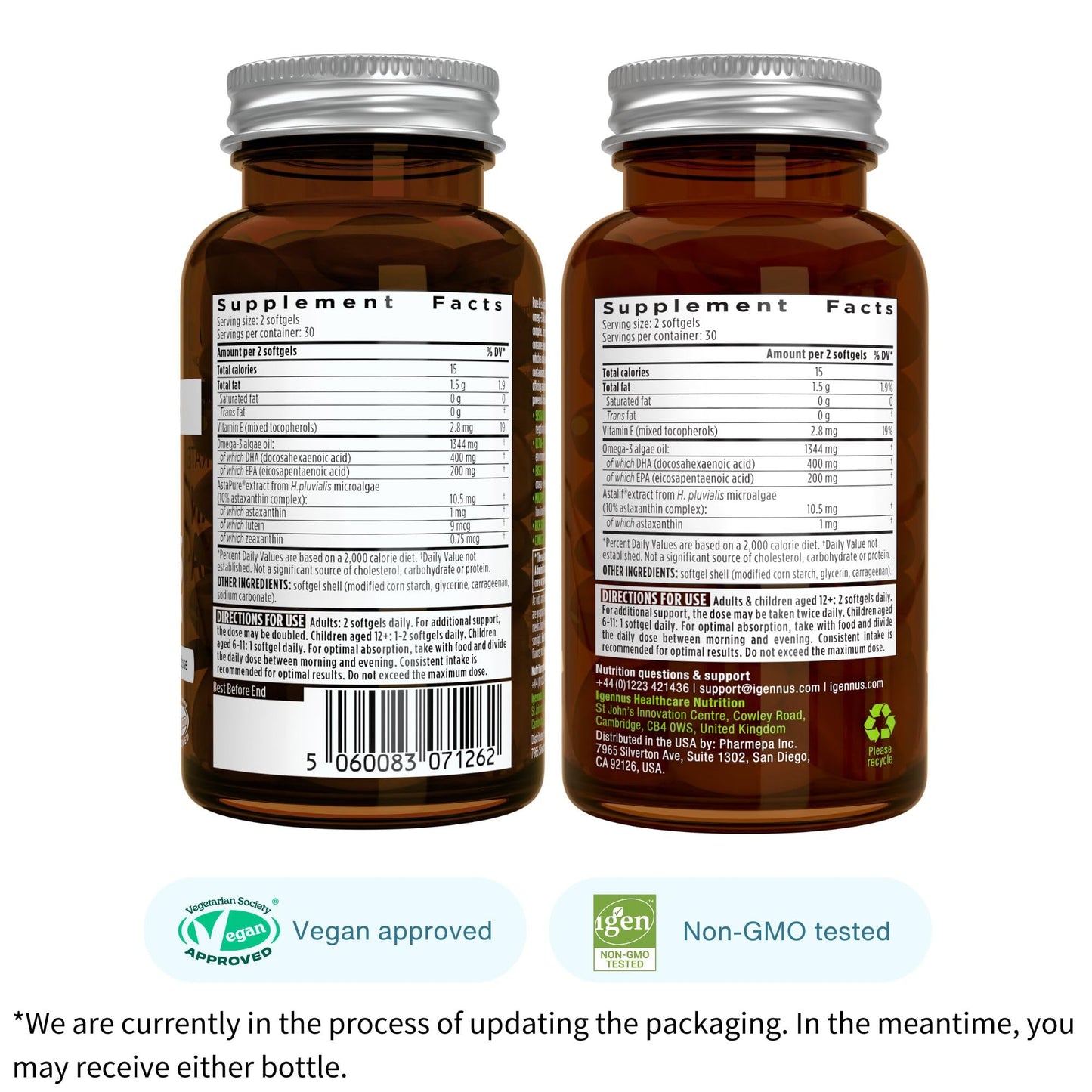 Igennus Healthcare Nutrition Vegan Omega 3 Algae Oil, EPA DHA 600mg Softgels, 60 Softgels