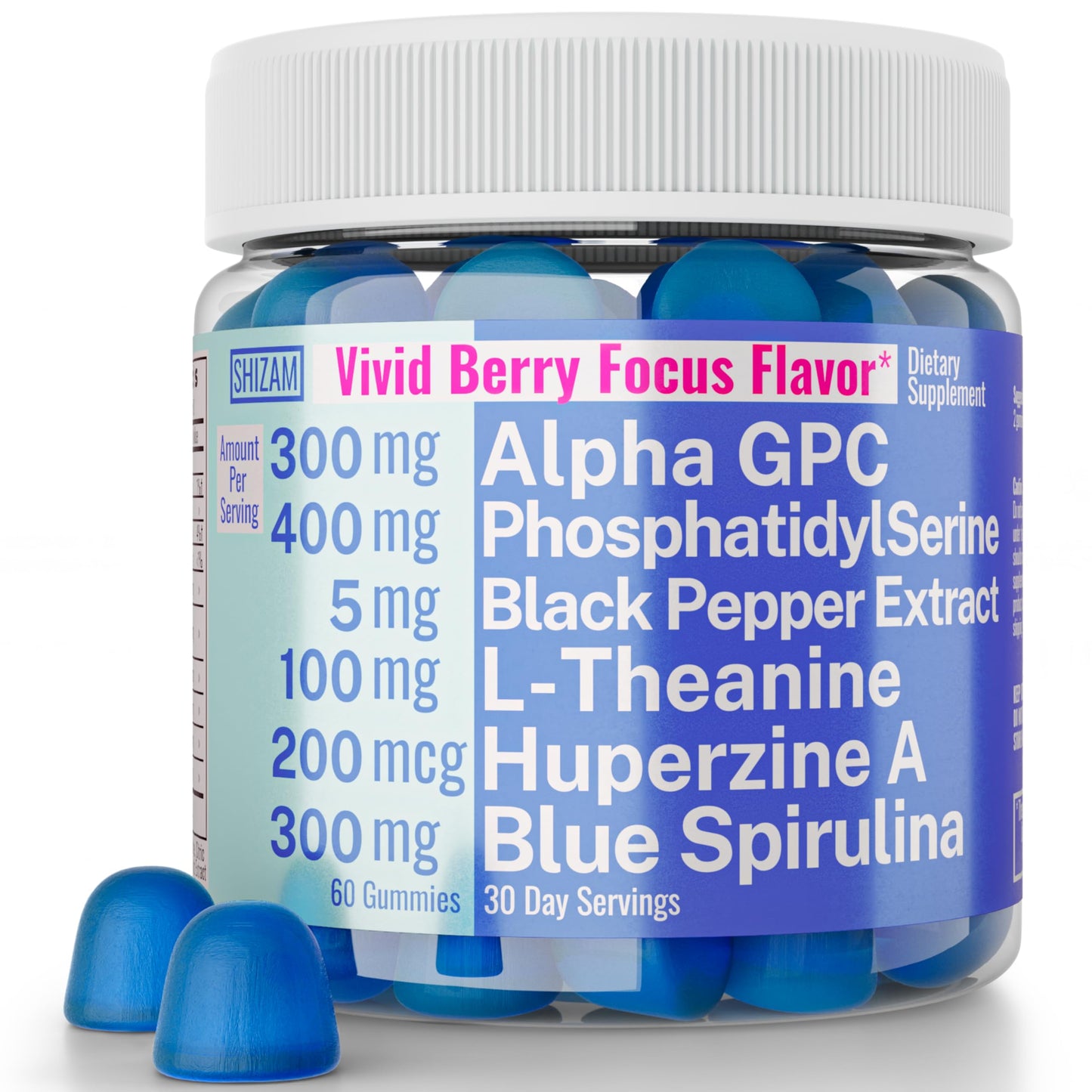 SHIZAM Alpha GPC Huperzine A Phosphatidylserine L-Theanine Blue Spirulina Bioperine Gummies, 60 Count