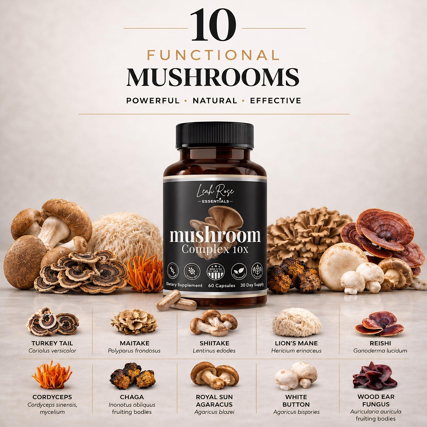 Leah Rose Essentials Mushroom Complex 10-in-1 Supplement Capsules 60 Count