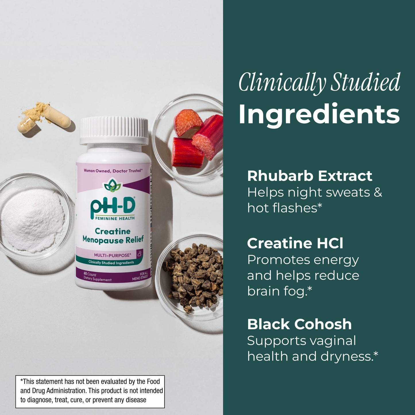 pH-D Feminine Health Support Creatine Menopause Relief, Brain Fog, Hot Flash, and Dryness Management, Menopause Pills 60 Capsules