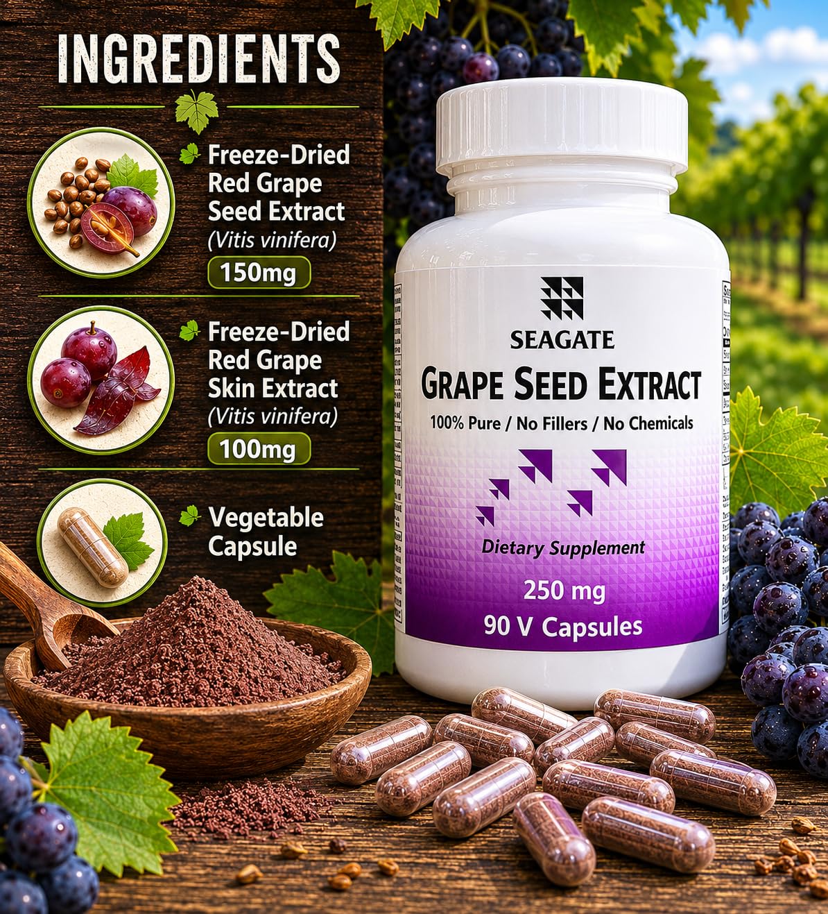 Seagate Grape Seed Extract Supplements 250mg, 90 Veg Capsules