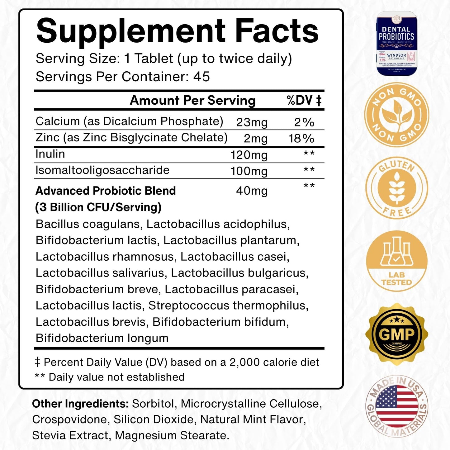WINDSOR BOTANICALS Dental Probiotics for Teeth and Gums Tablets, 270