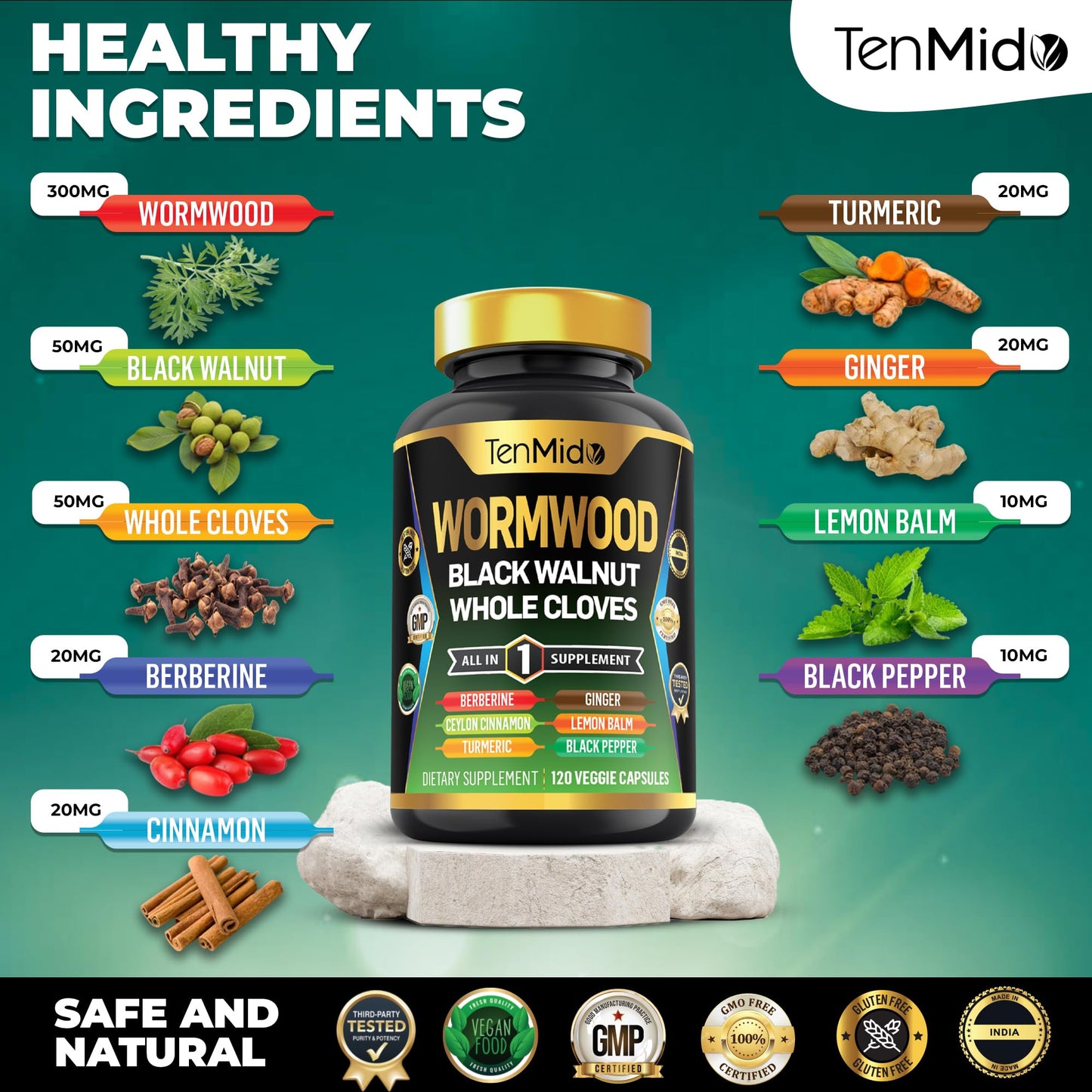 Tenmido Wormwood Black Walnut Clove Capsules 9-in-1 Wormwood Extract Formula, 120 Capsules