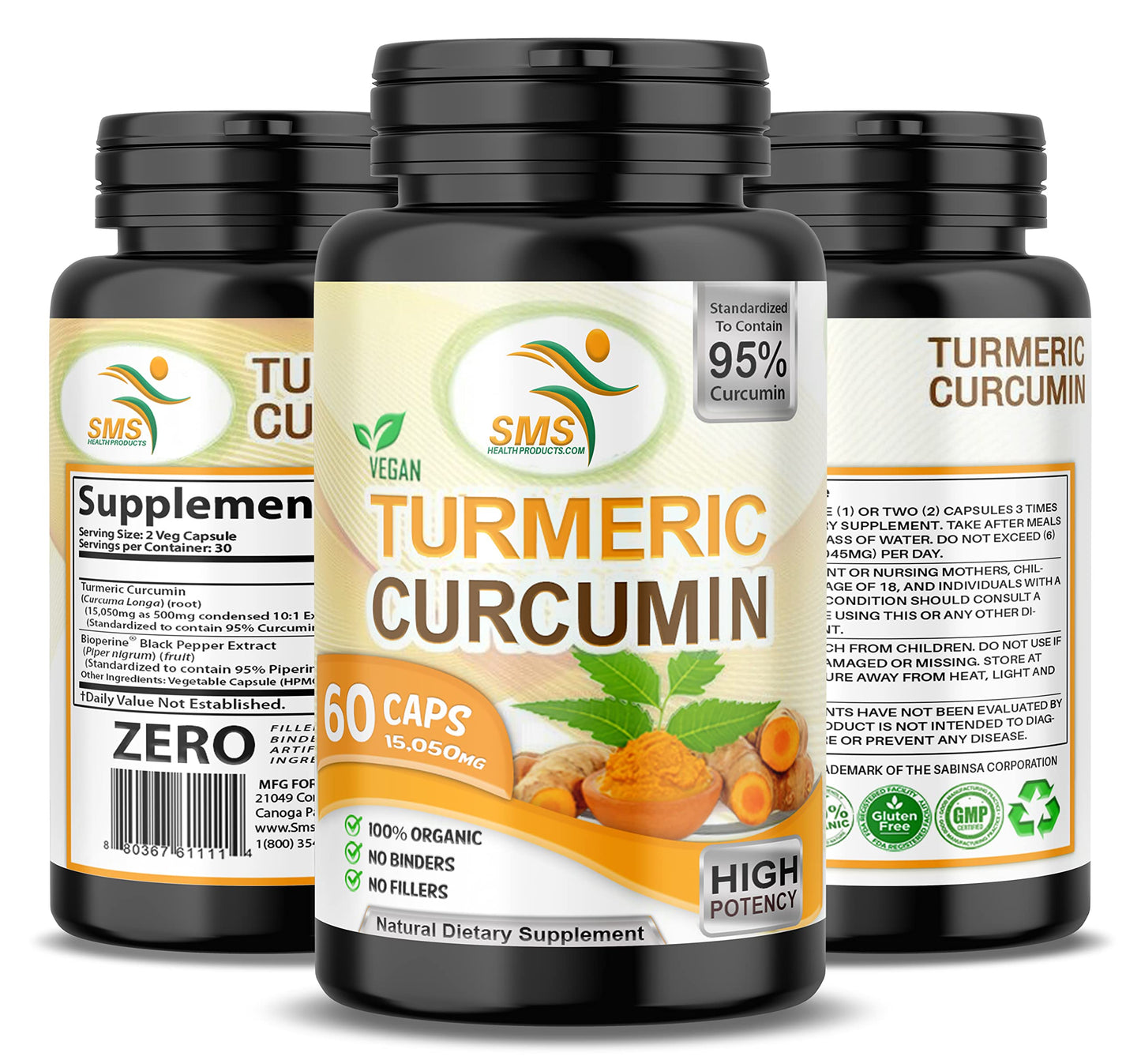 SMSHEALTHPRODUCTS.com Pure Turmeric Curcumin 1000 mg Black Pepper Extract 95% Curcuminoids Capsules 60 Count