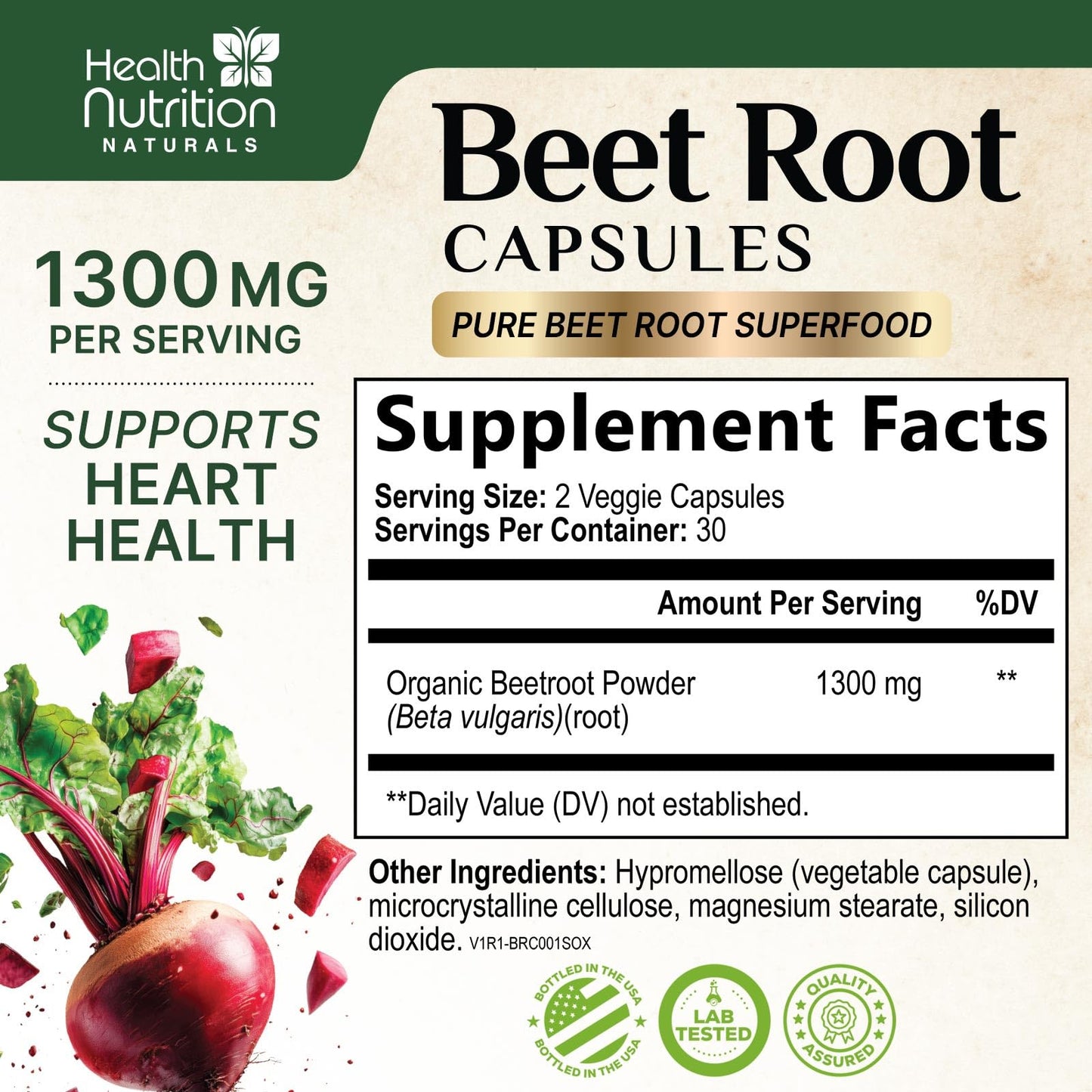 Health Nutrition Naturals Organic Beetroot Powder 1300mg per Serving Capsules, 60 Capsules