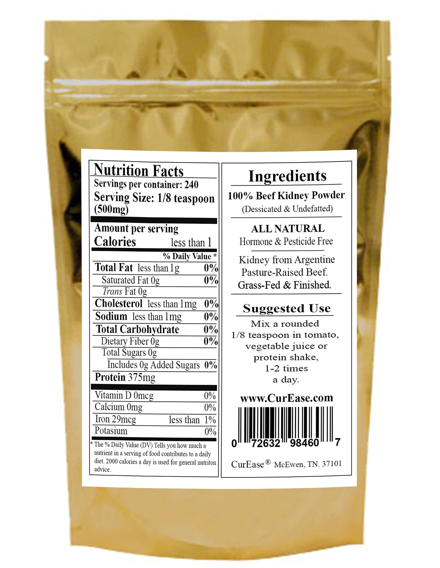 CurEase Argentine Beef Kidney Powder, Grass Fed & Finished, 240 Servings