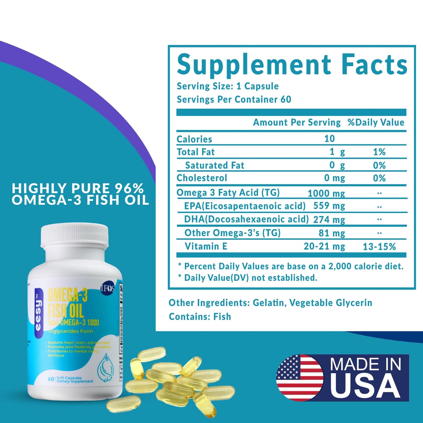 EESY Omega-3 Fish Oil Supplement Capsule 60 Count
