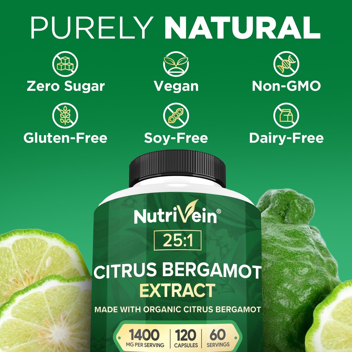 Nutrivein Italian Citrus Bergamot Supplement 1400mg 25:1 Extract, 120 Capsules
