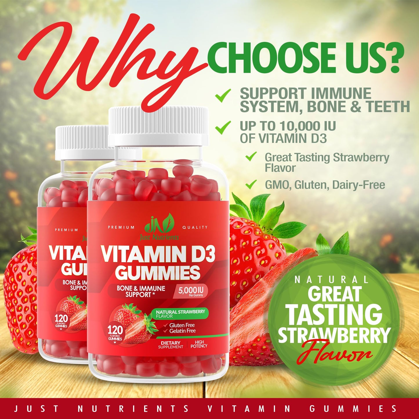 Just Nutrients Vitamin D3 Gummies 5000IU/10000IU, 120 Gummies