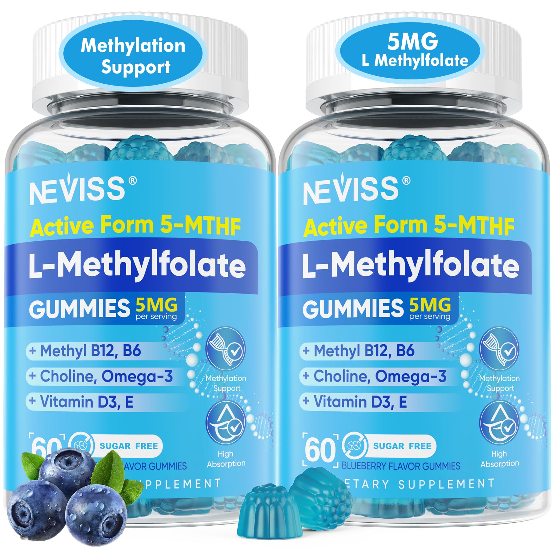 NEVISS L-Methylfolate Gummies with Methyl B12, 5-MTHF Methylated Folate 5mg, Sugar Free, 120 Gummies