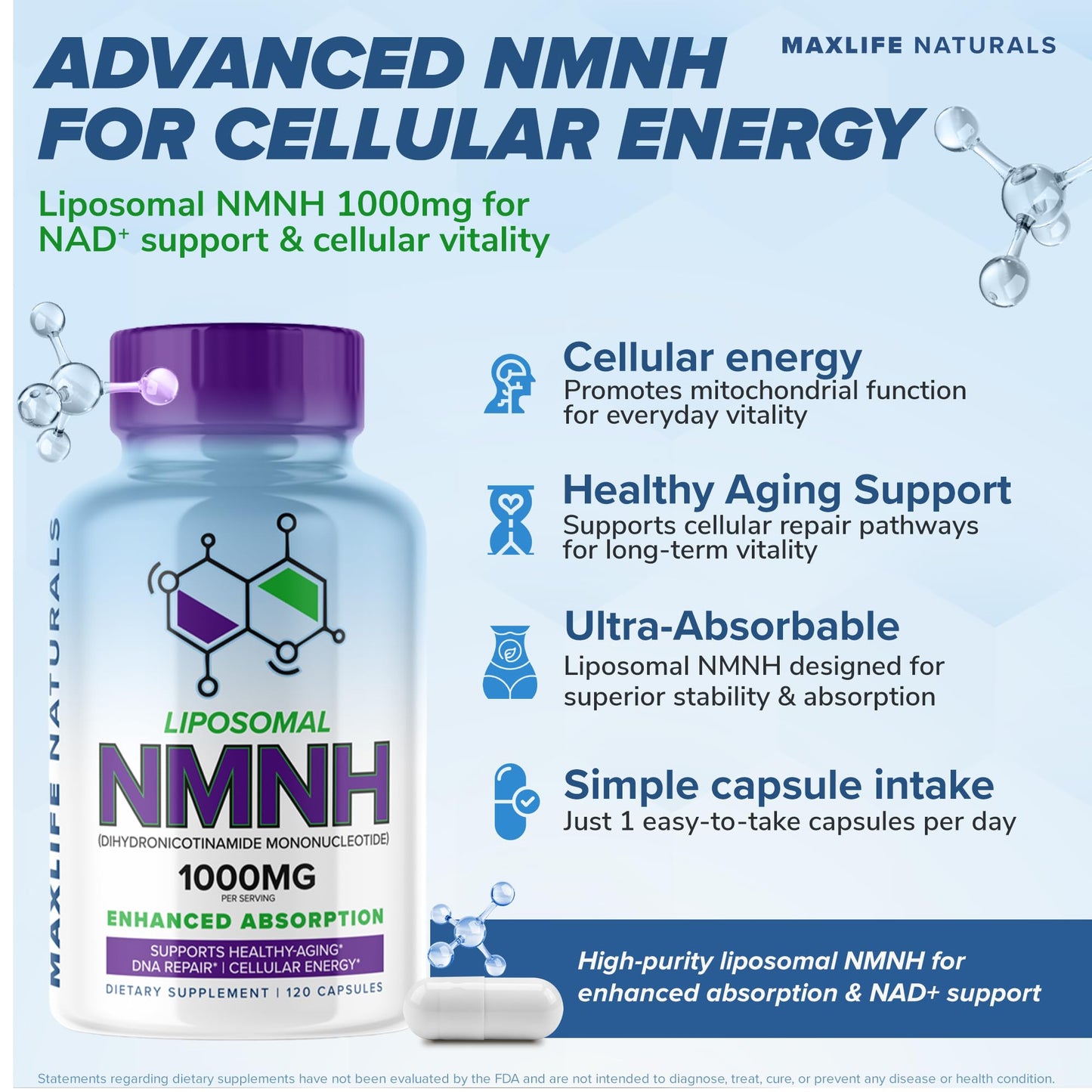 MAXLIFE NATURALS NMNH Supplement 1000mg Liposomal Formula, 120 Capsules