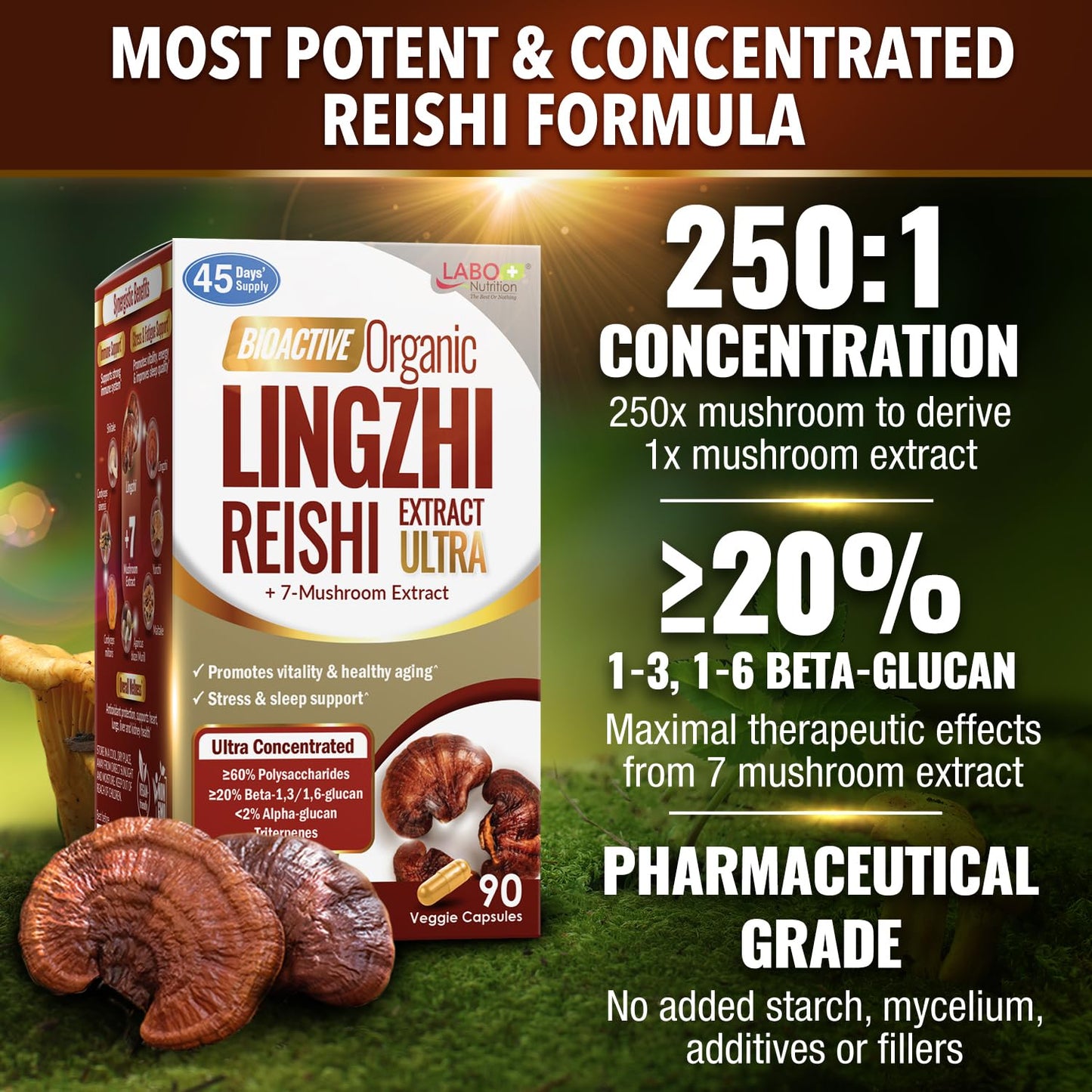 LABO Nutrition Bioactive Organic Reishi Ultra Mushroom Immune Vitality Capsules 90 Count