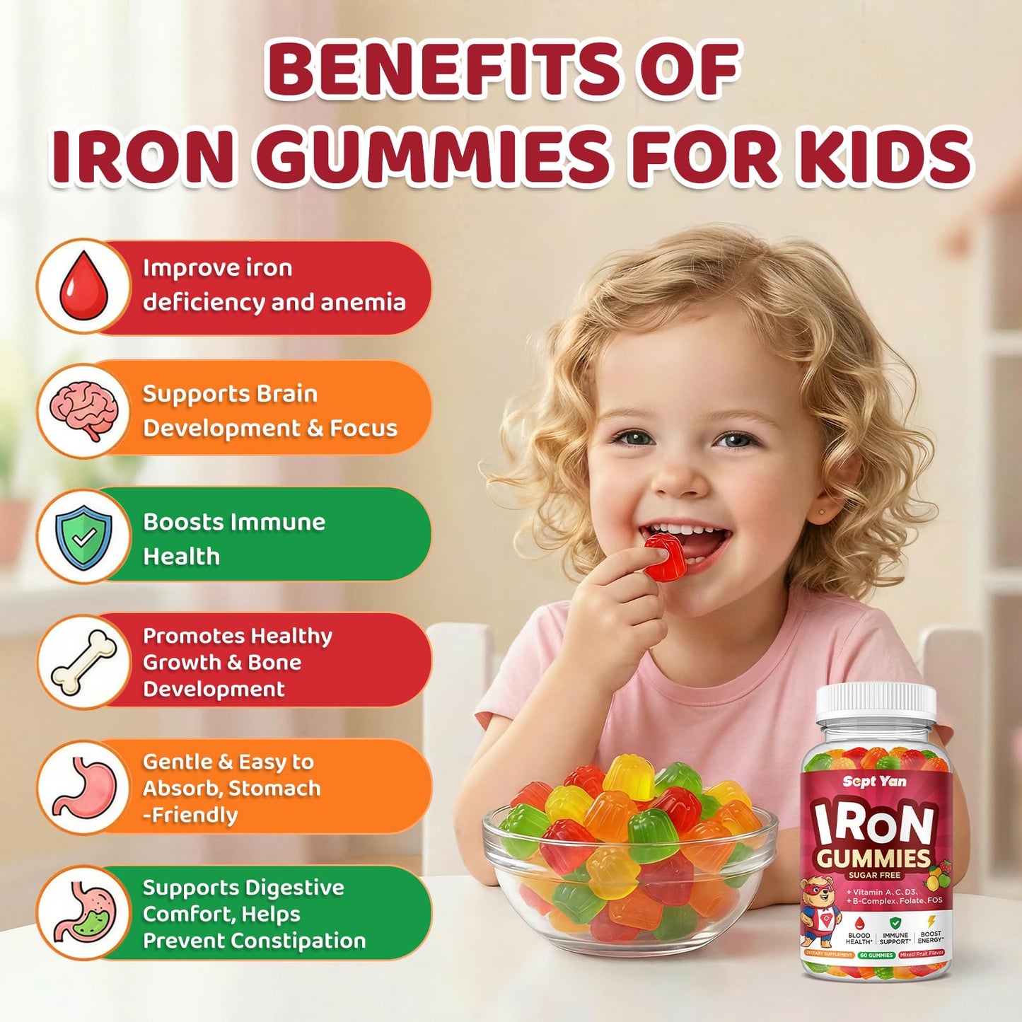 SEPT YAN Iron Supplement Gummies for Kids with Multivitamin and Iron, Vitamin B Complex, C, D3, Calcium, Folate, Zinc, FOS, Vegan, Mixed Fruit Flavor, 60 Count
