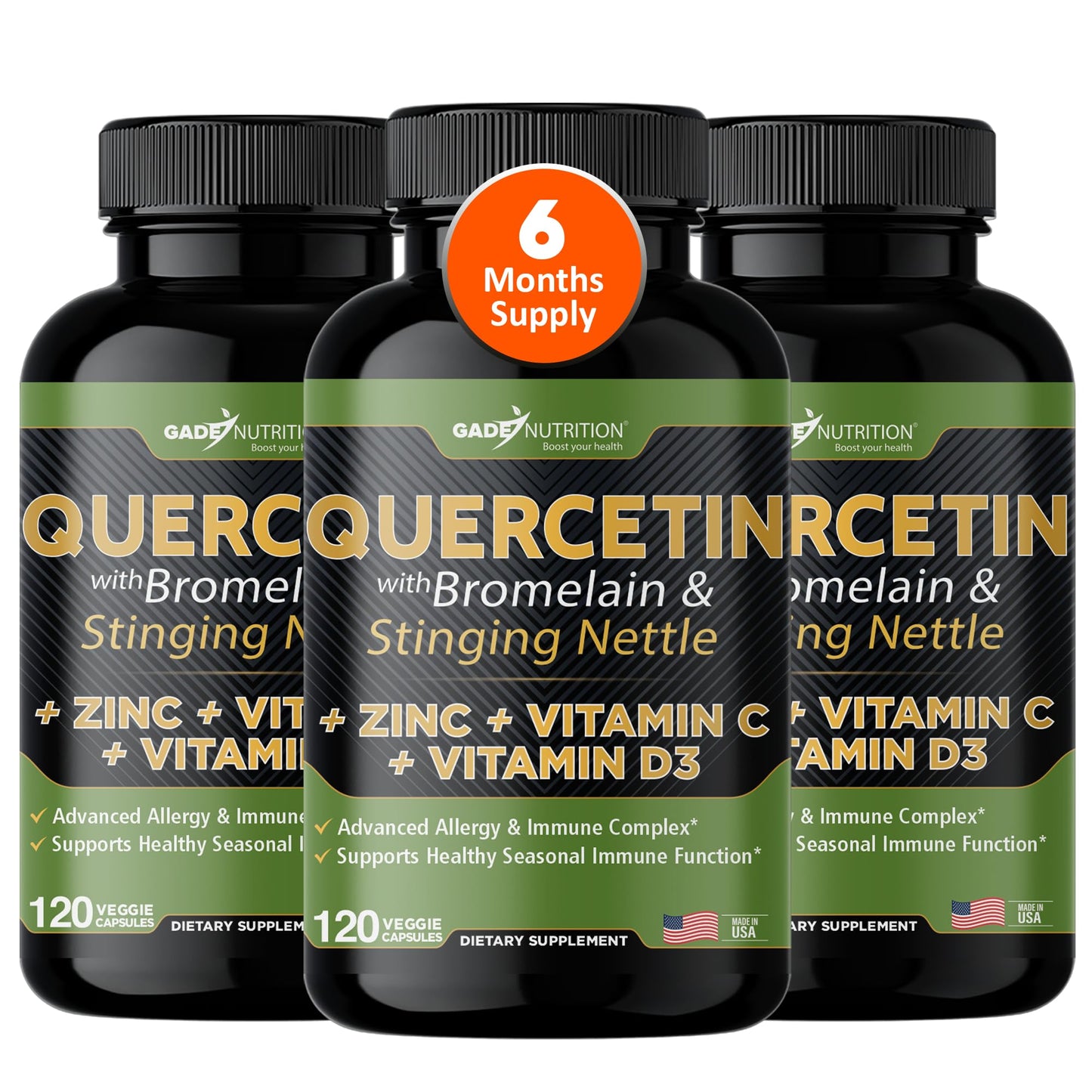 Gade Nutrition Quercetin with Vitamin C, Zinc & Stinging Nettle - Quercetin 500mg + Bromelain + Vitamin D3, 360 Veggie Capsules