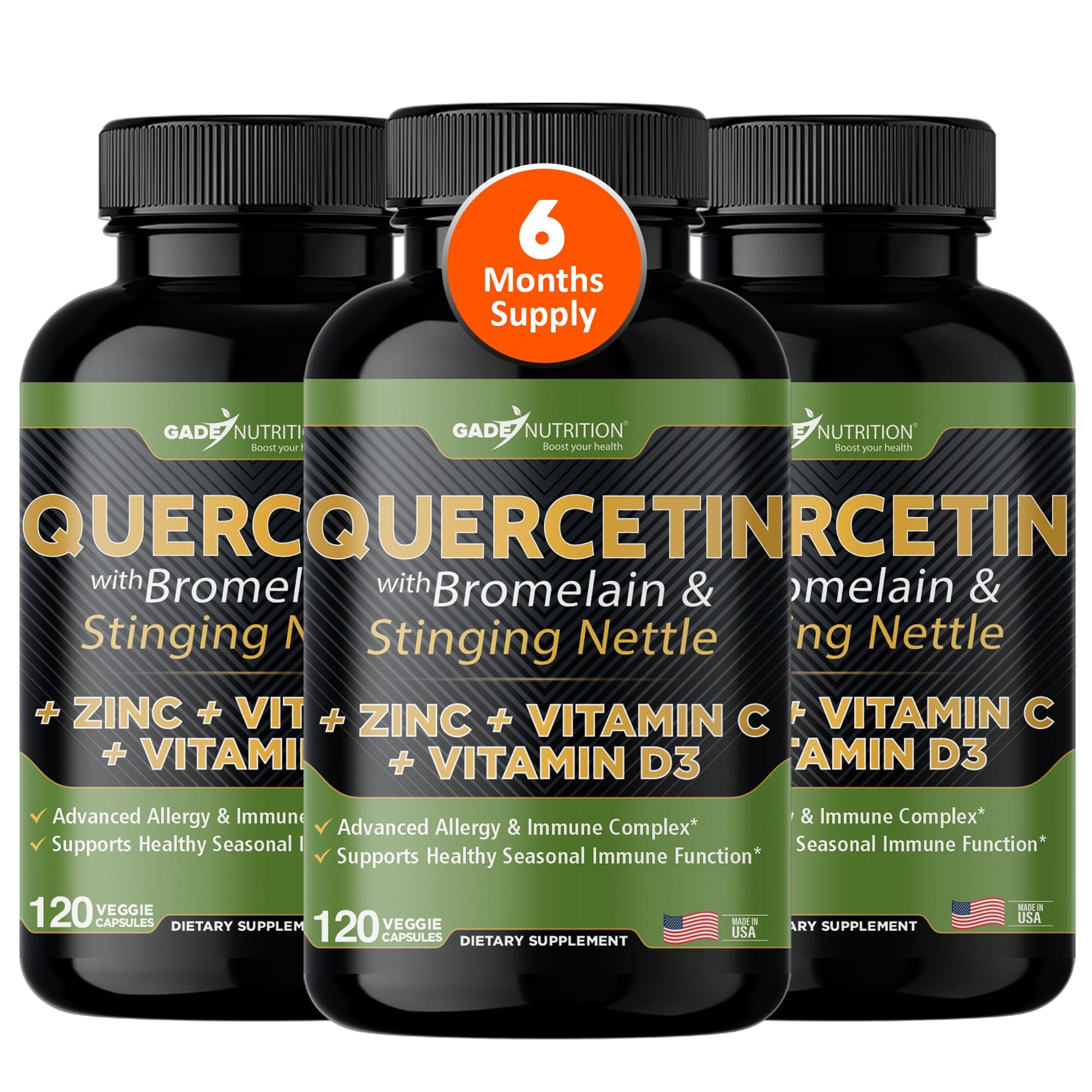 Gade Nutrition Quercetin with Vitamin C, Zinc & Stinging Nettle - Quercetin 500mg + Bromelain + Vitamin D3, 360 Veggie Capsules