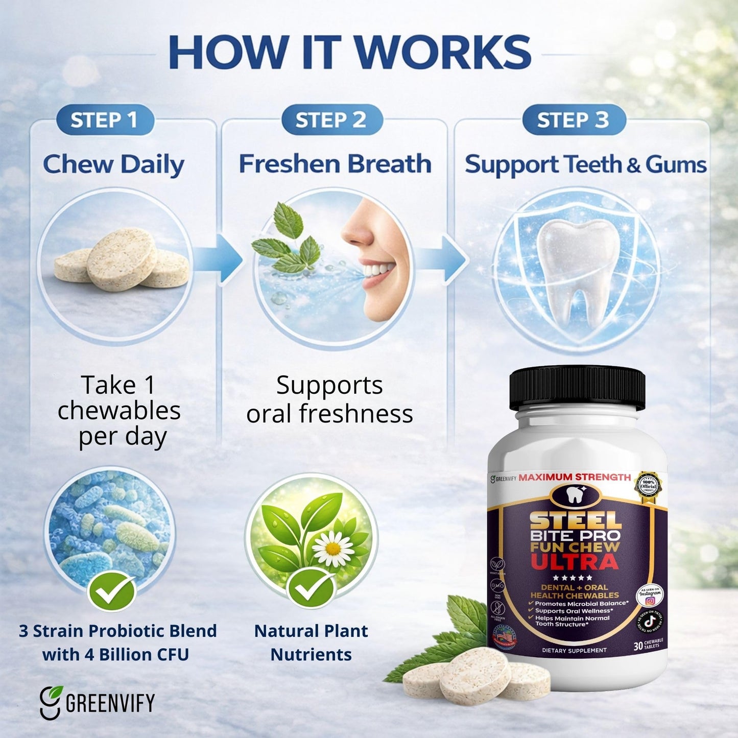 GREENVIFY Steel Bite Pro Dental + Oral Health Chewables Capsule 60
