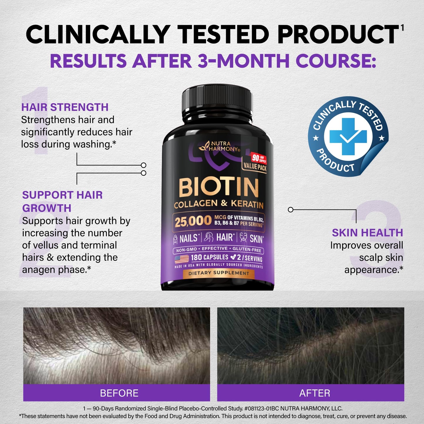 NUTRAHARMONY Biotin Collagen Hyaluronic Acid Keratin Hair, Skin & Nails Capsules 180 Count