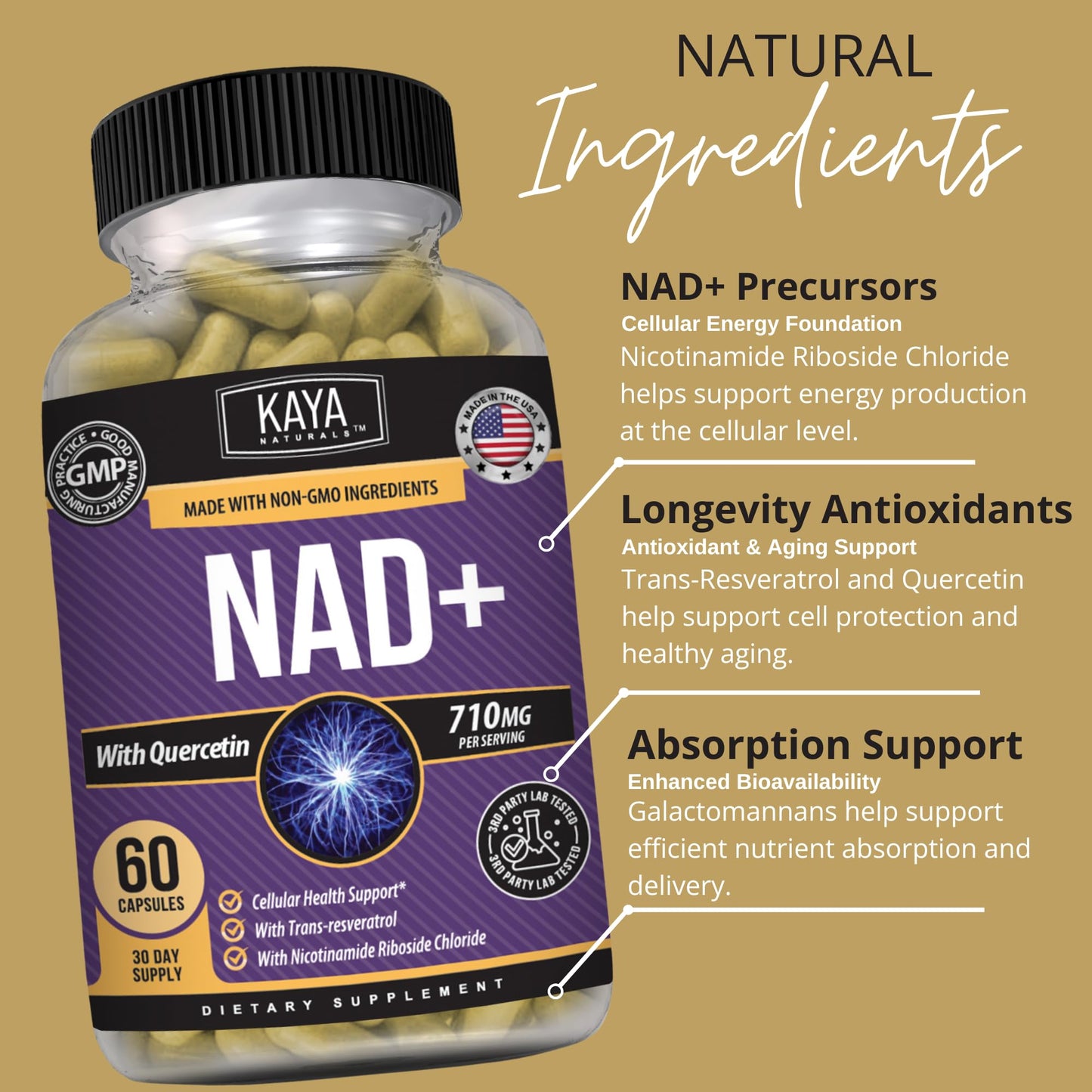 Kaya Naturals NAD+ with Trans-Resveratrol 710mg per Serving Capsule, 60 Count