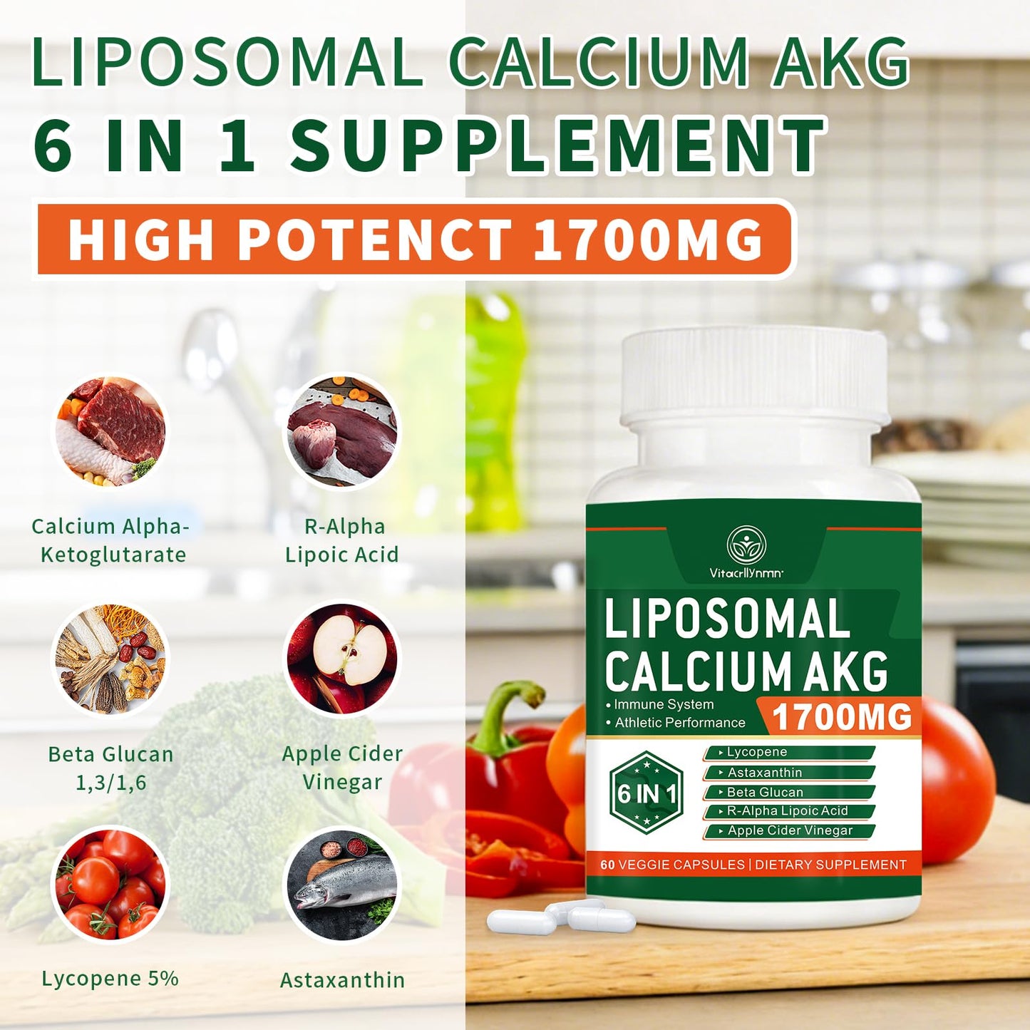 VITACRLLYNMN Liposomal Calcium AKG Supplement 1700 MG Capsule 60 Count