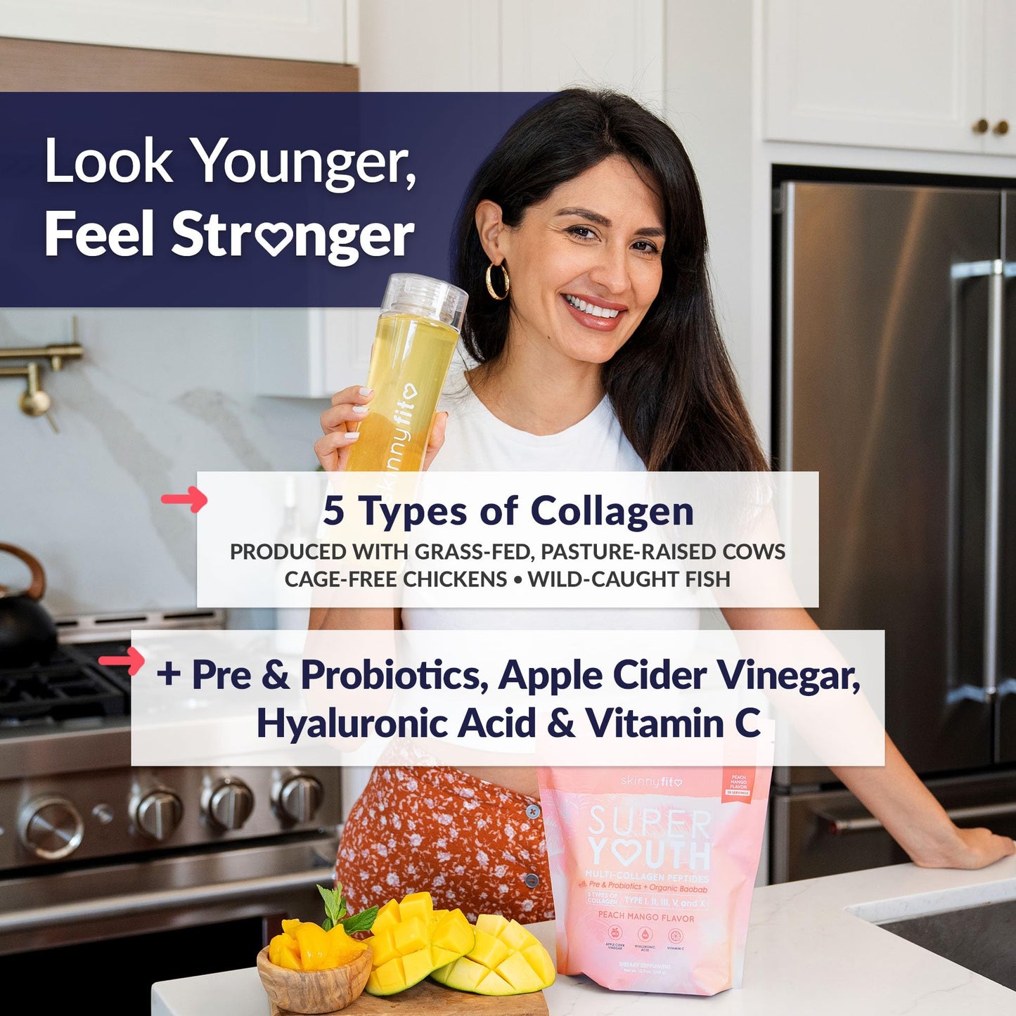 SkinnyFit Super Youth Collagen for Women - Multi Collagen Peptides Powder - Probiotics, Fiber, Hyaluronic Acid, 10.9 Ounce