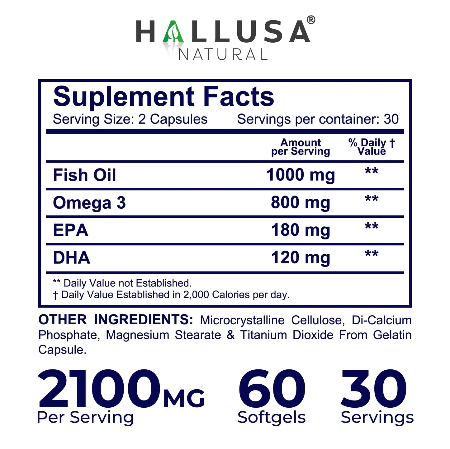 Hallusa Natural Omega 3 Fish Oil 1000mg with 800mg Omega-3, Essential Fatty Acids EPA & DHA, Heart, Brain & Eye Support Softgel 60