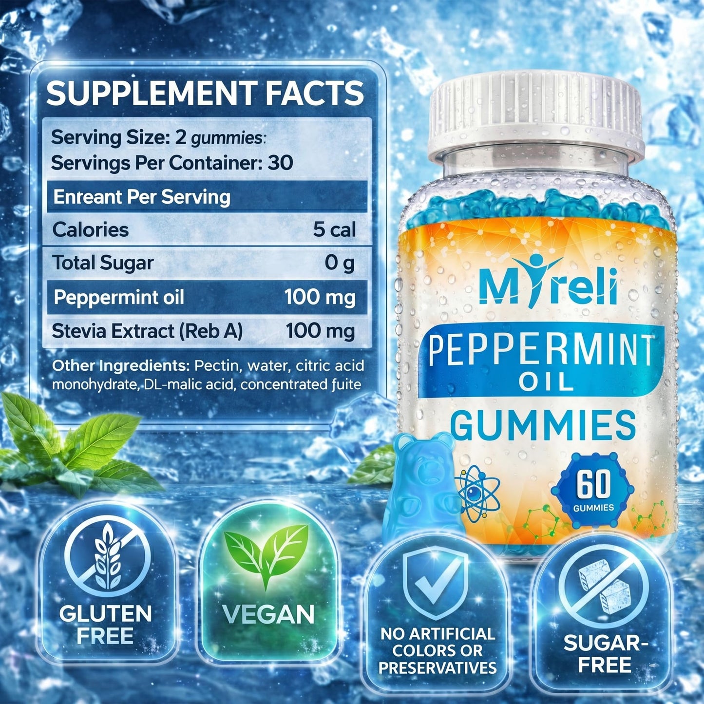 MYRELI Peppermint Oil Supplement Gummies (100mg) 60 Count