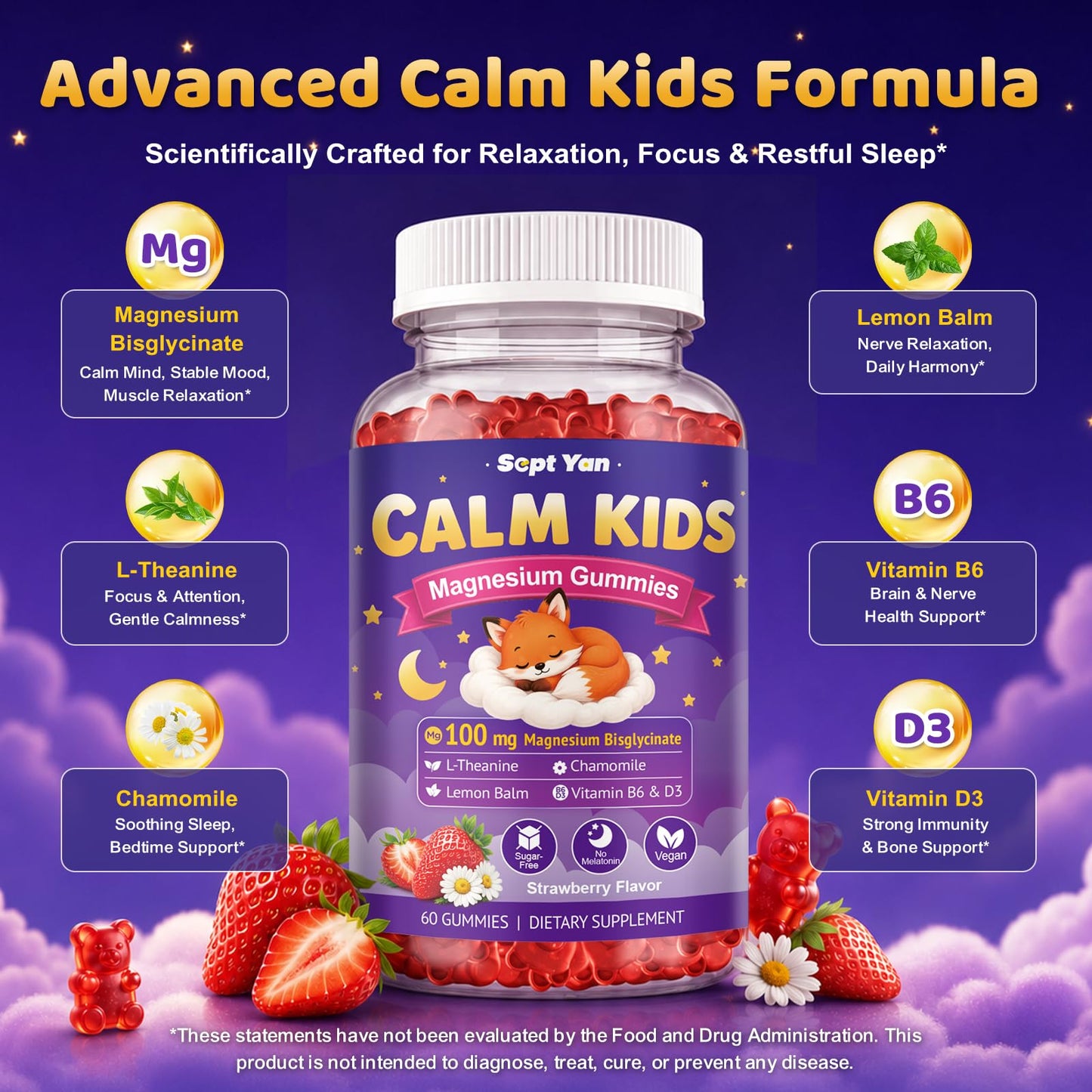 SEPT YAN Kids Magnesium Gummies, 60 Count