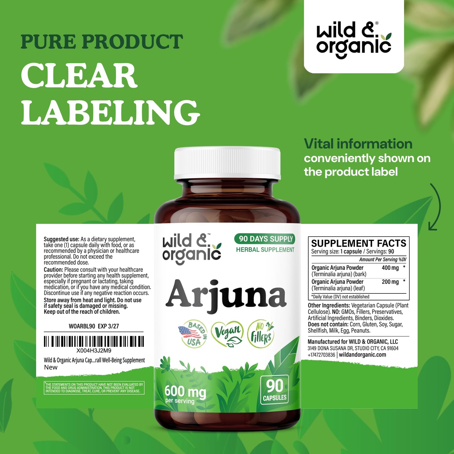 Wild & Organic Arjuna Bark Capsules, 90 Count