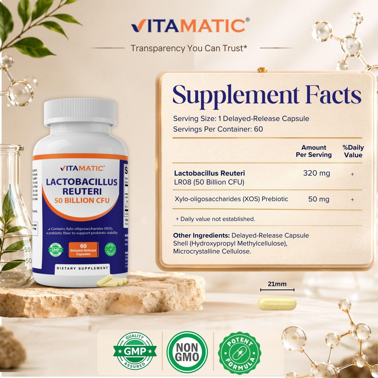 Vitamatic Lactobacillus Reuteri 50 Billion CFU with XOS Prebiotic, Delayed-Release Probiotic Capsules, 60 Count