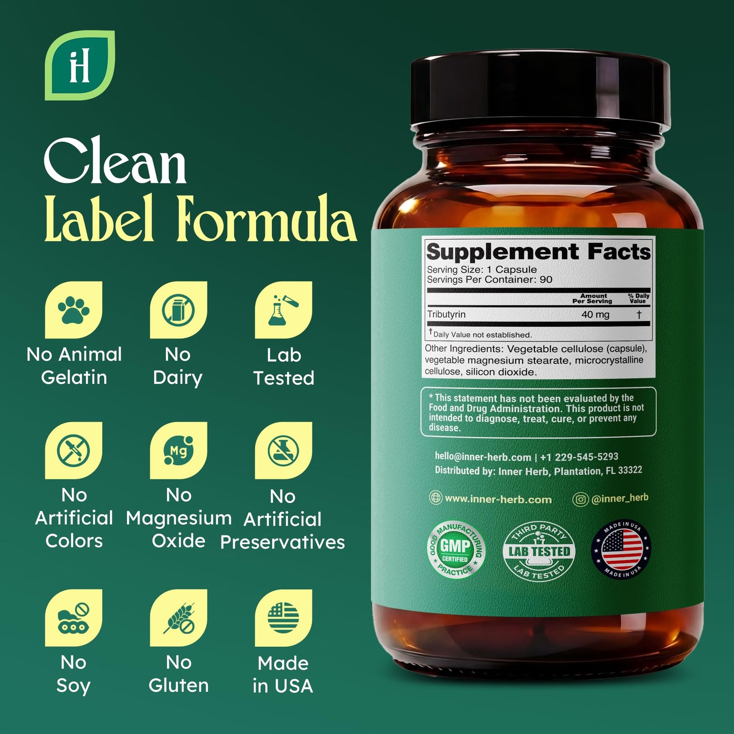 InnerHerb Tributyrin 250 mg Capsule 1 Count