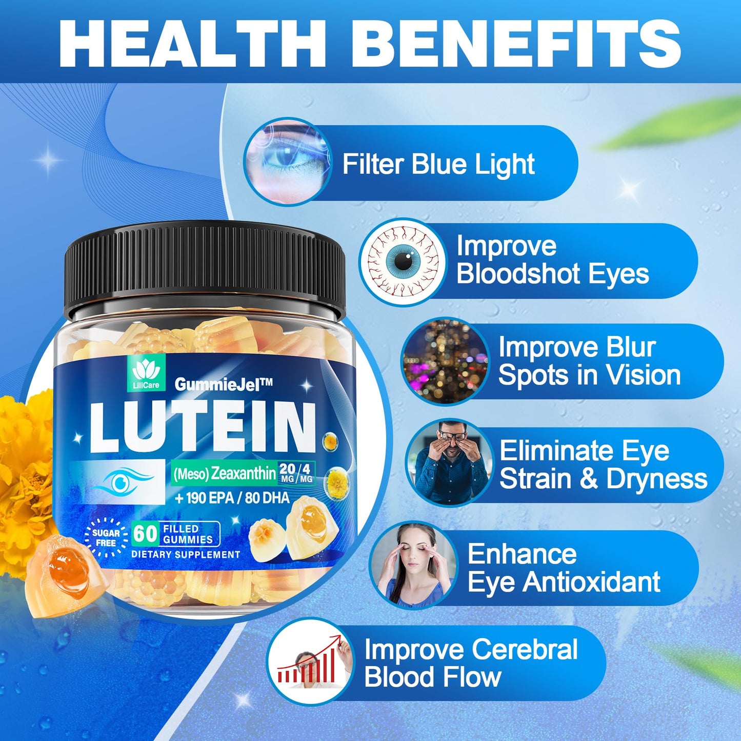 LILICARE Lutein and Zeaxanthin Supplements Gummies for Eyes with Omega-3 EPA DHA, 120 Gummies