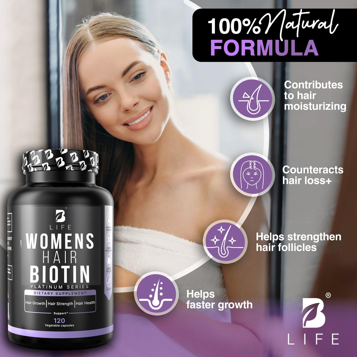 B Life Company Biotin 10000 mcg Hair Vitamins for Hair Loss for Women – Hair Growth Treatments for Women – Healthy Hair Skin and Nails – Collagen Supports Hair Strength and Health, 120 Capsules