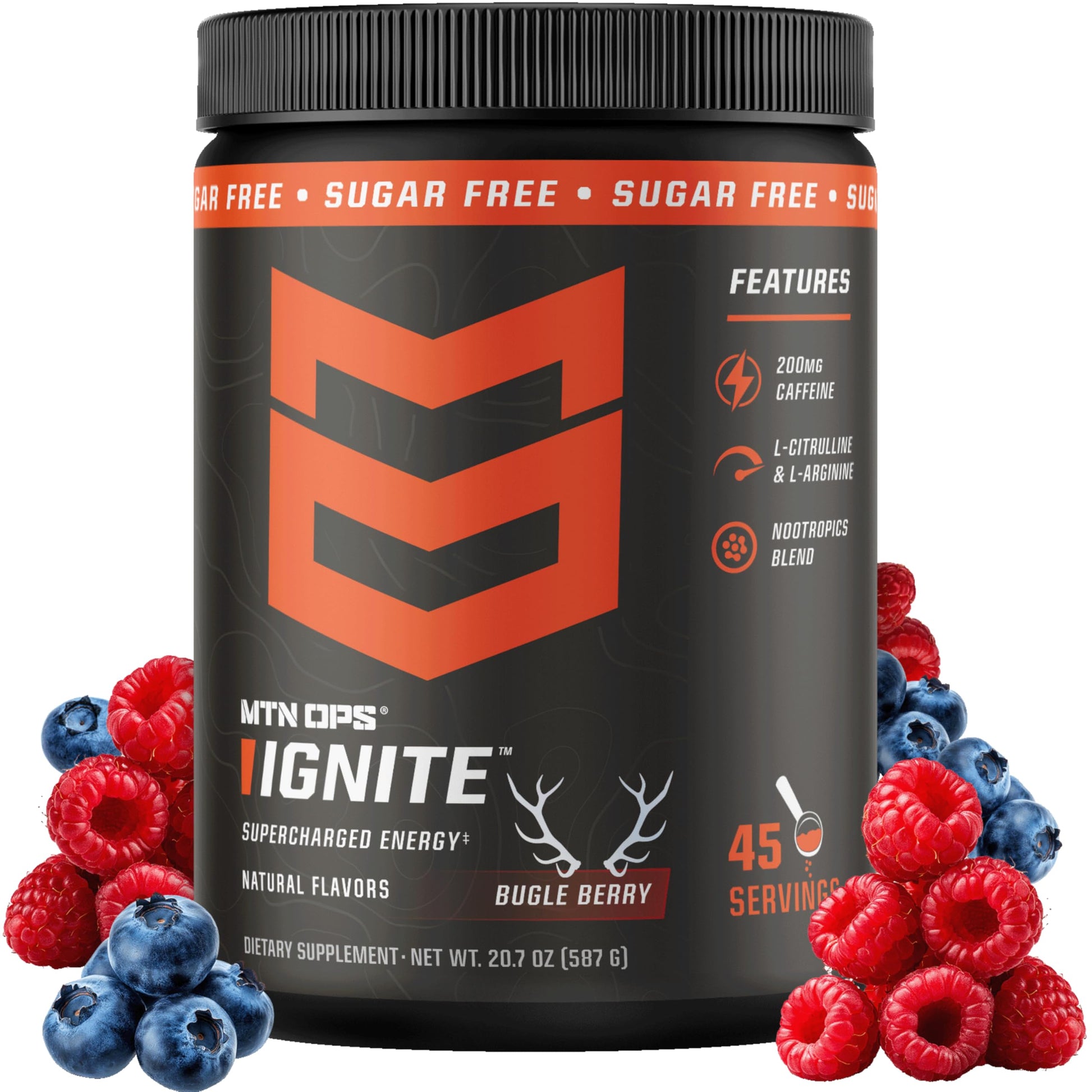 MTN OPS Ignite Energy Powder 22.4 oz Tub, Zero Sugar, Bugle Berry