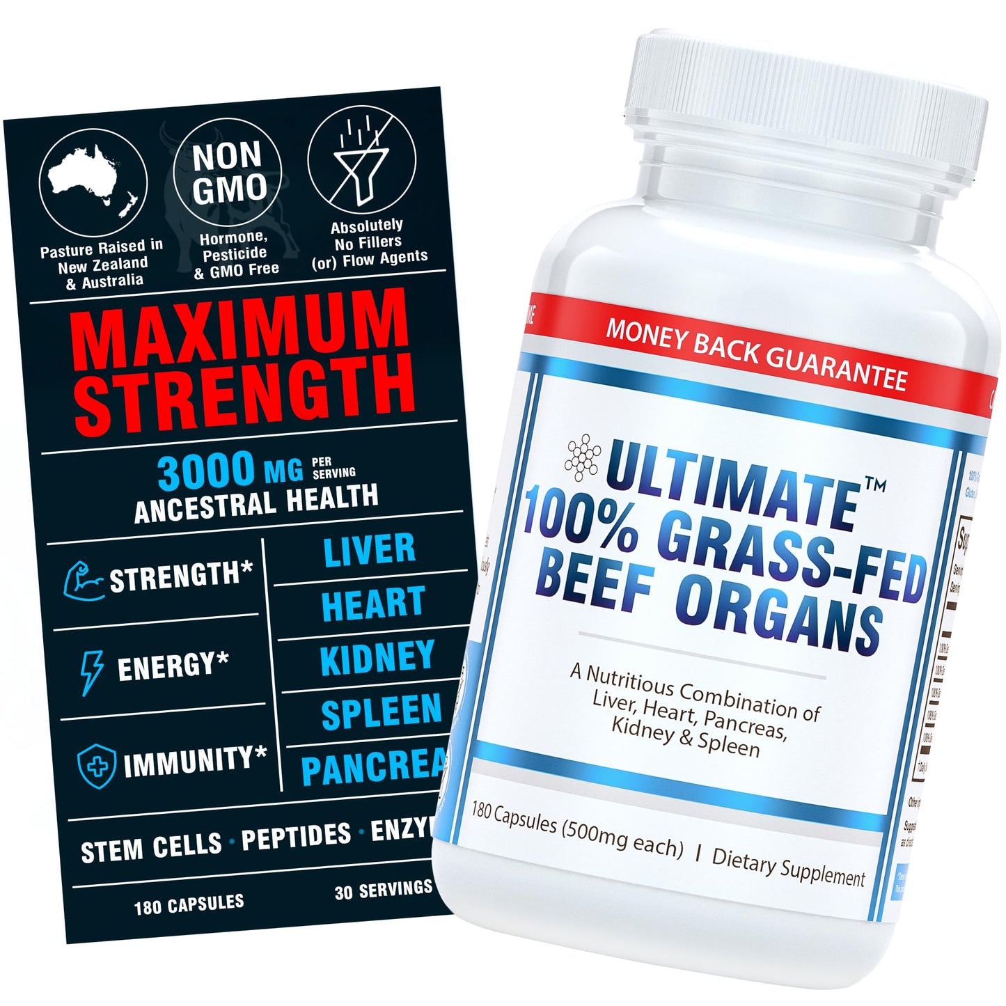 Ultimate 100% Grass Fed Beef Organs Supplement Capsules 180 Count