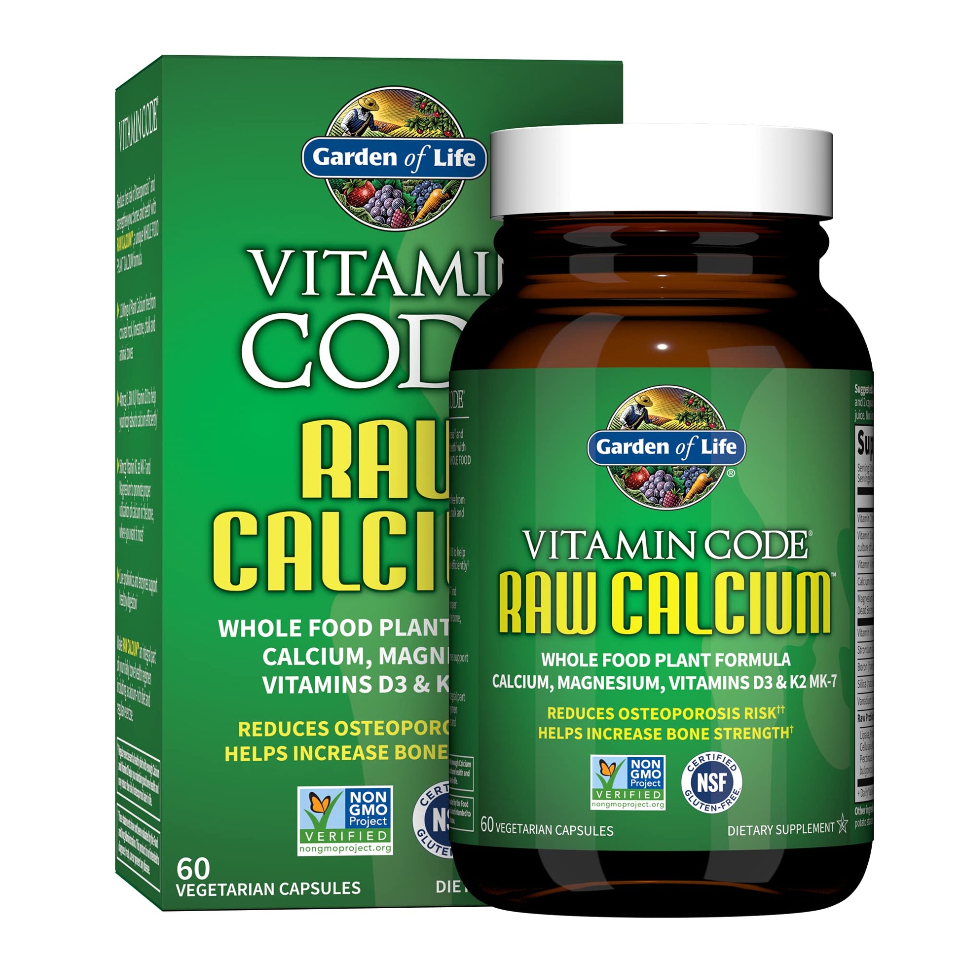 Garden of Life Raw Calcium Supplement for Women and Men - Vitamin Code Made from Whole Foods with Magnesium, K2, Vitamin D3 and Vitamin C Plus Probiotics for Digestion Capsule, 60 Count