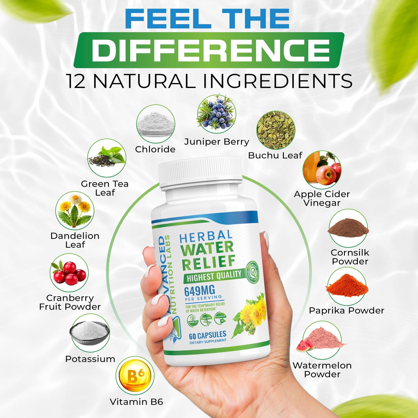 Advanced Nutrition Labs Herbal Water Relief Diuretic Water Pills Capsules 60 Count