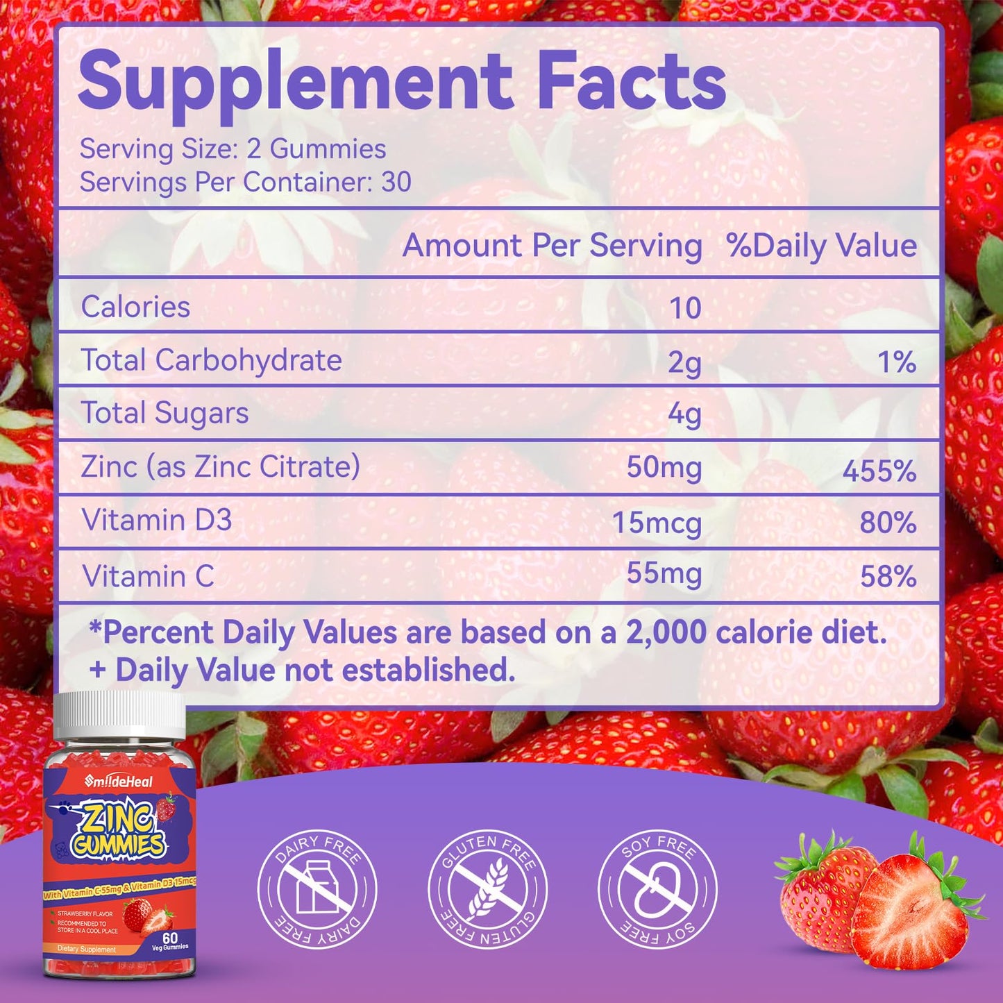 SmildeHeal Zinc Gummies 50mg Zinc Citrate with Vitamin C, Vitamin D3, 60 Count