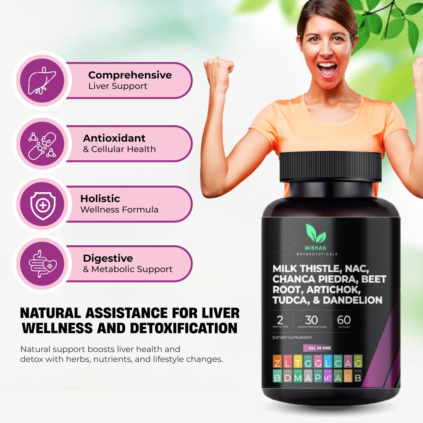 Mishas Milk Thistle Dandelion Root, NAC and TUDCA Supplement Capsules 60