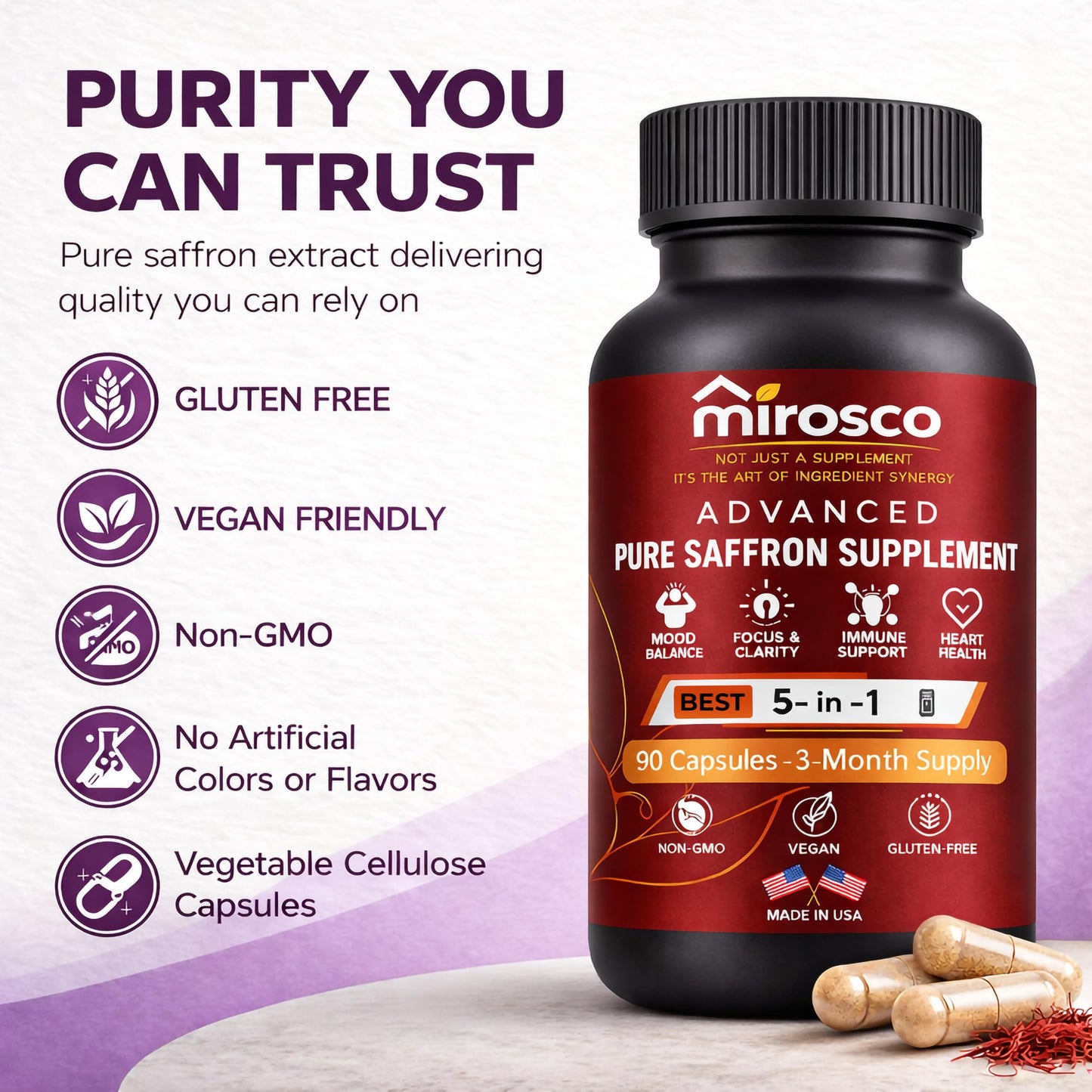 Mirosco Pure Saffron Supplements Capsules, 90 Count