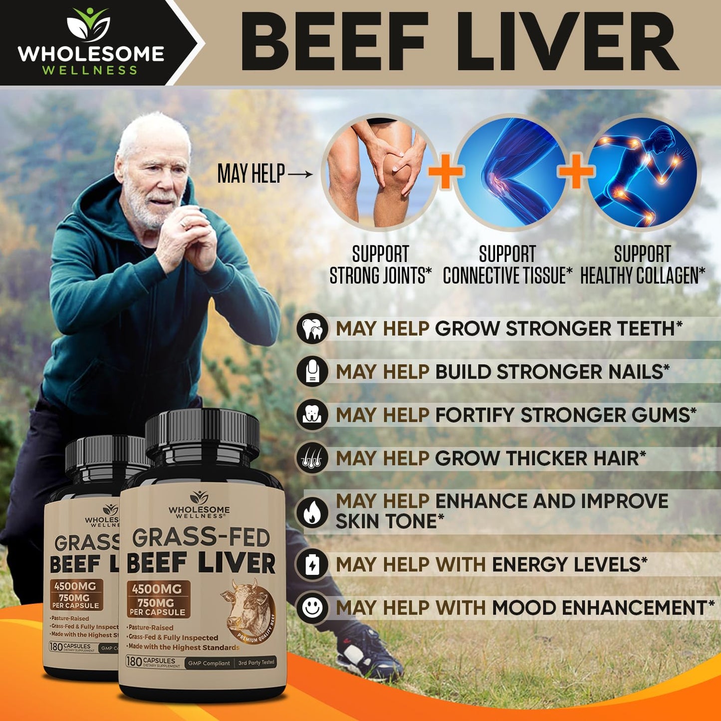 Wholesome Wellness Grass Fed Desiccated Beef Liver Capsules (750mg Each) 180 Count