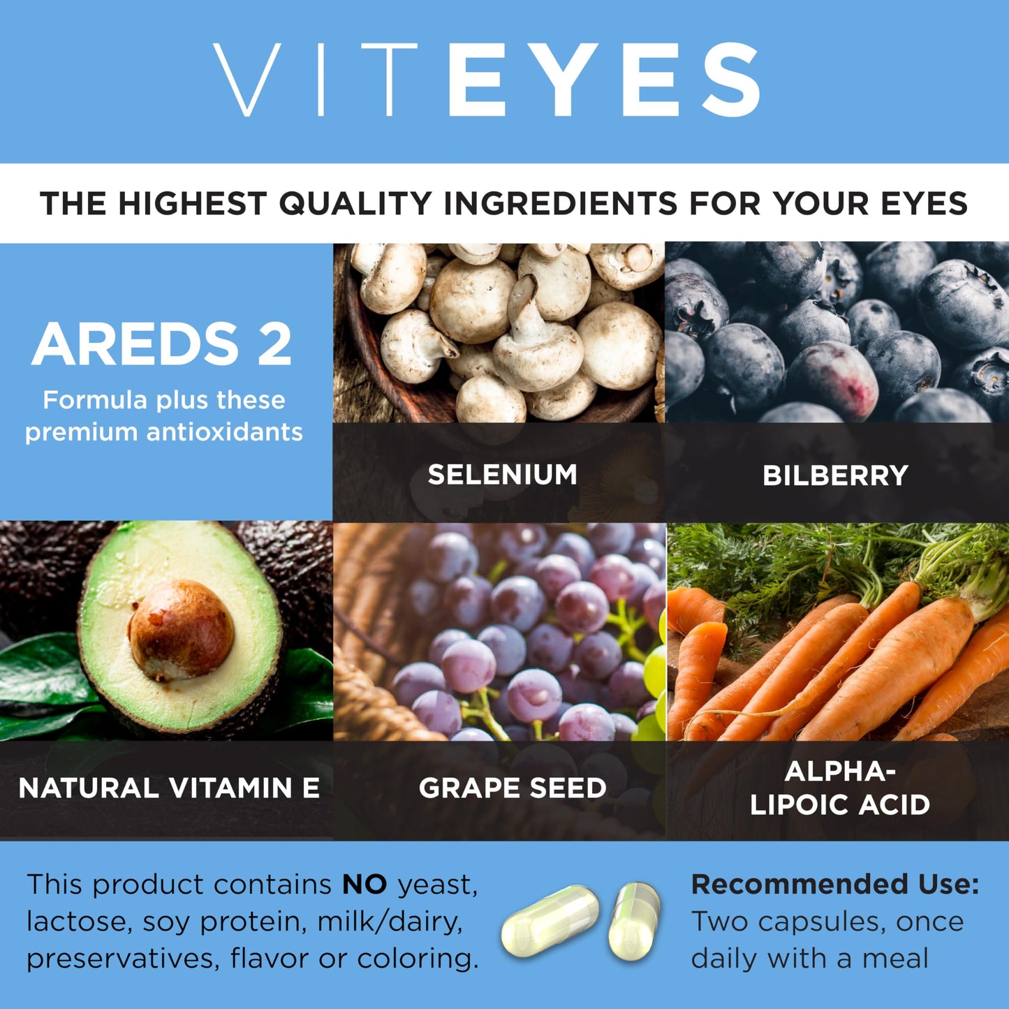Viteyes AREDS 2 Advanced Eye Vitamins Macular Support with Bilberry, Grapeseed, FLORAGLO Lutein, Selenium, Natural Vitamin E Capsules, 180 Count