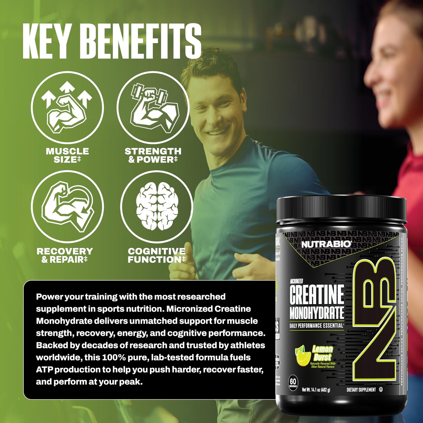 NutraBio Pure Micronized Creatine Monohydrate Powder Lemon Burst, 300 g, 14.24