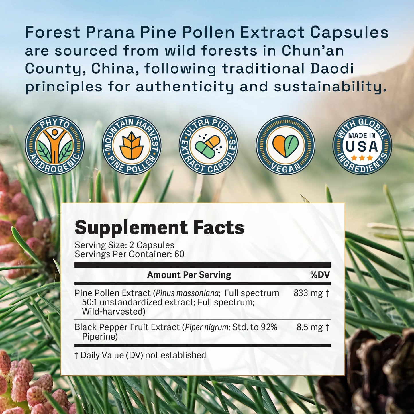 RAW Forest Foods Pine Pollen Extract Capsules, 120 Count