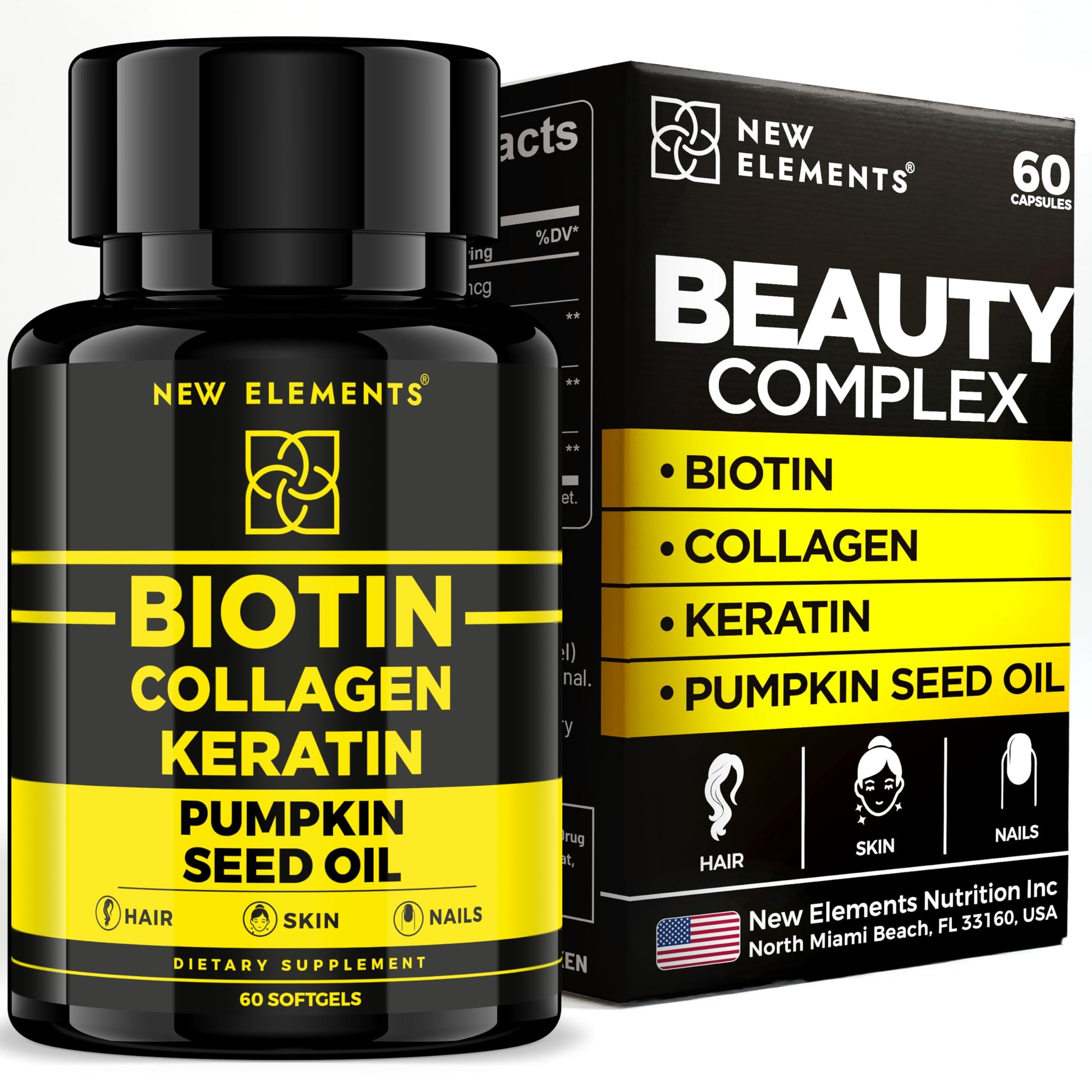 New Elements Biotin Supplement 10000mcg with Collagen Peptides Keratin and Pumpkin Seed Oil Softgels, 60 Count