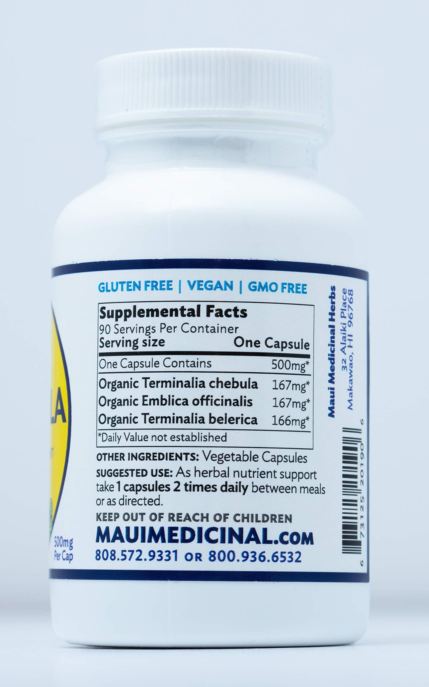 Maui Medicinal Herbs Triphala 90 Veggie Capsules - 500mg per Capsule Organic Herbal Formula