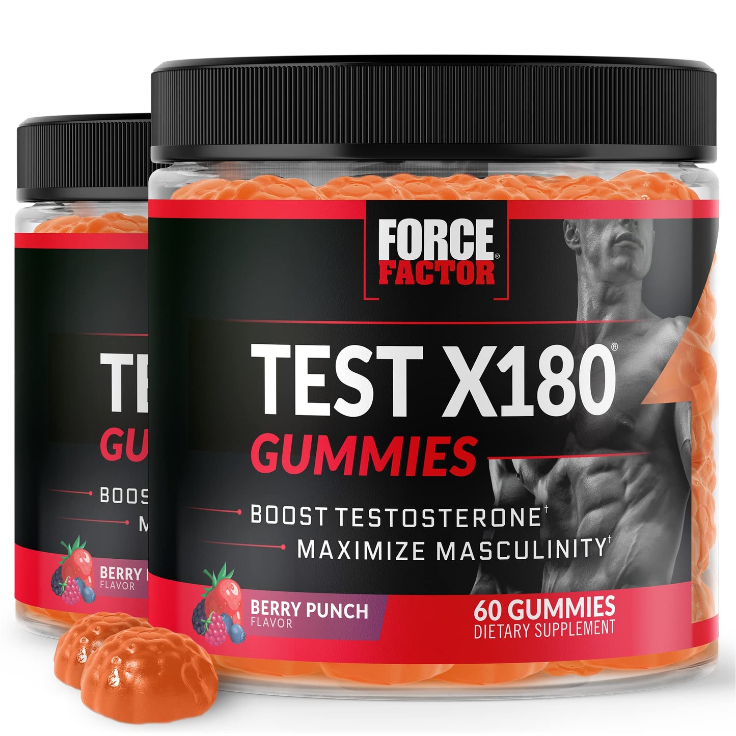 Force Factor Test X180 Gummies Testosterone Booster for Men with Tongkat Ali, Horny Goat Weed, Tribulus Terrestris, Fenugreek, & Black Maca, Berry Punch, 120 Gummies