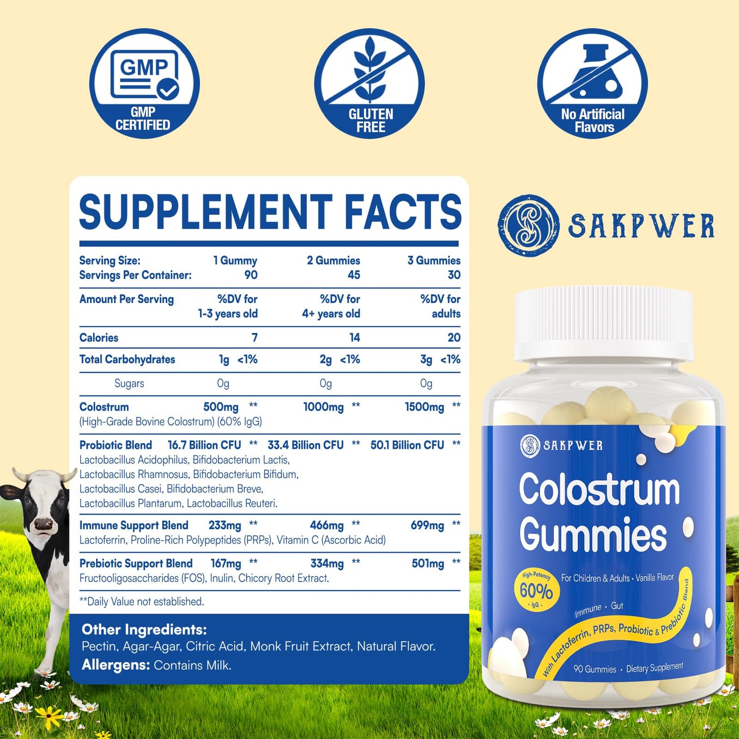 Sakpwer Bovine Colostrum Supplement Gummies, 90 Count